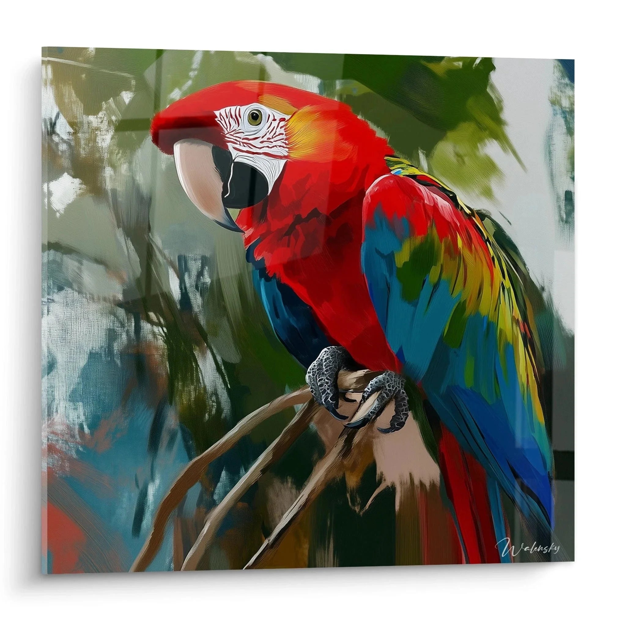 Wandbild roter Ara Papagei mit buntem Gefieder in moderner Malerei Technik Edition Papagei