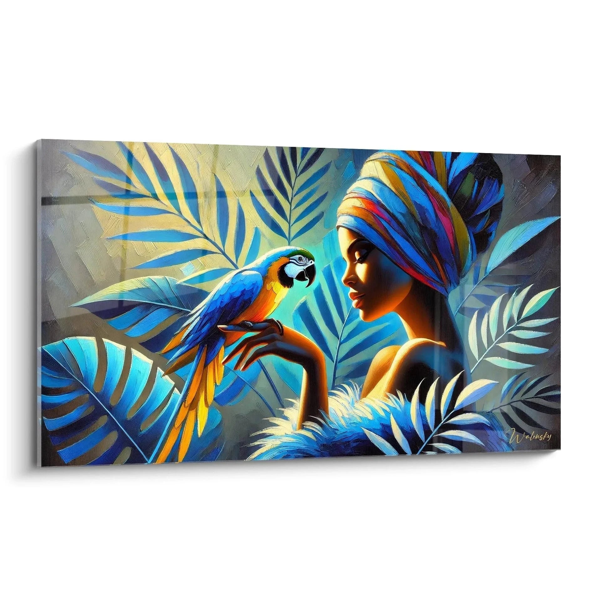 Wandbild Papagei mit Frau und tropischen Palmwedeln in blauen Tönen - Premium Wanddekoration