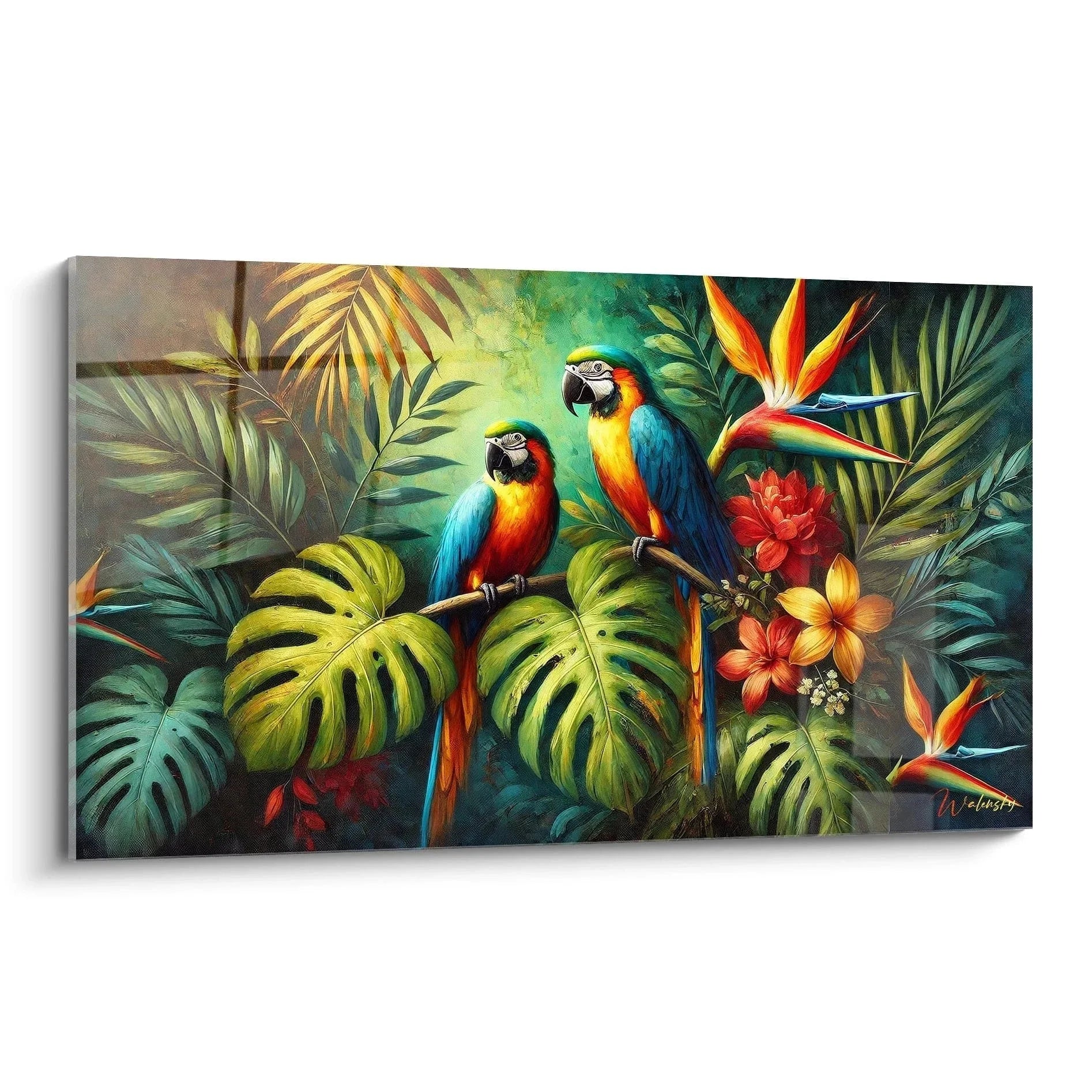 Wandbild Papageien mit zwei bunten Aras auf Monstera Blättern im tropischen Dschungel mit Hibiskus