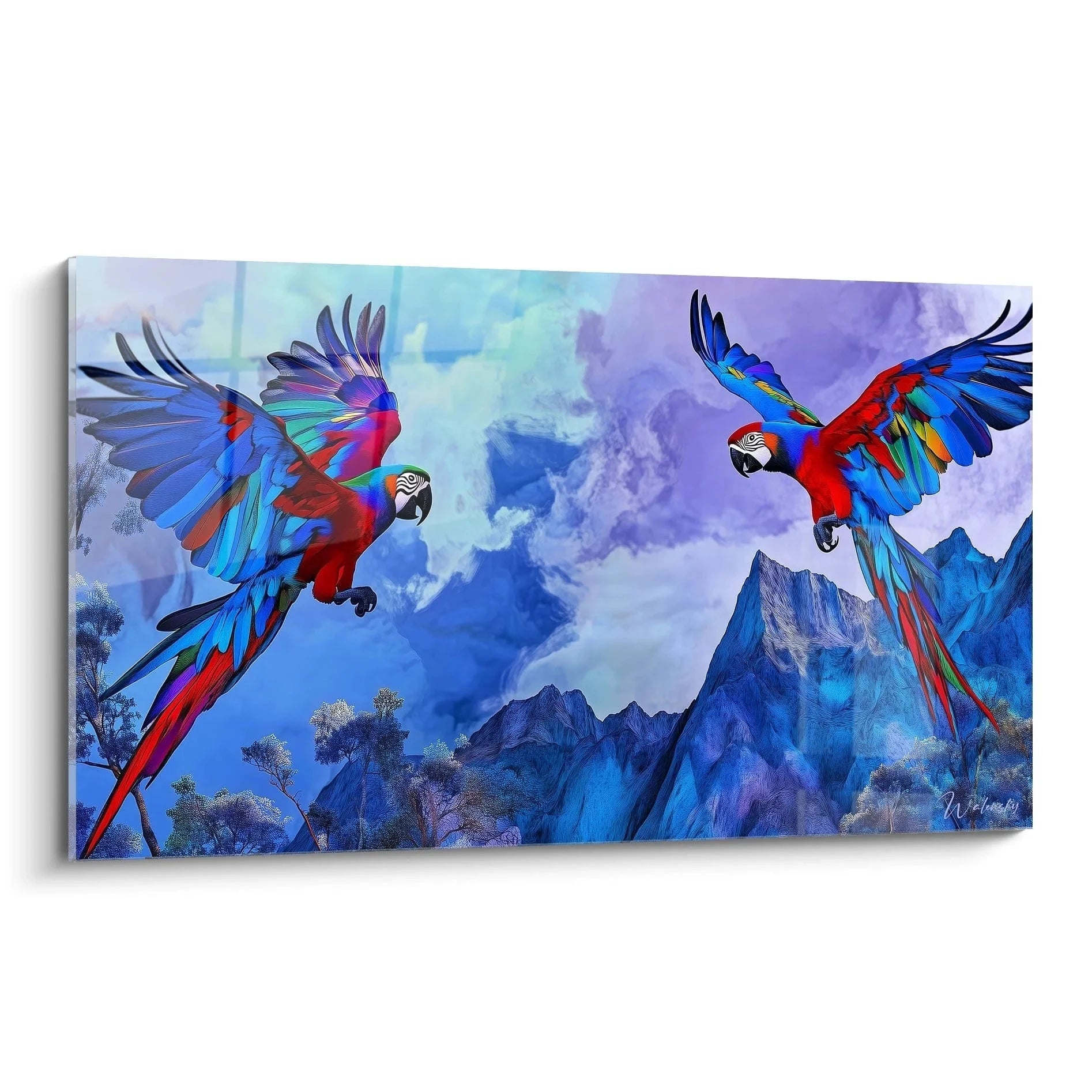 Wandbild zwei fliegende Papageien Aras vor Berglandschaft mit bunten Federn rot blau türkis