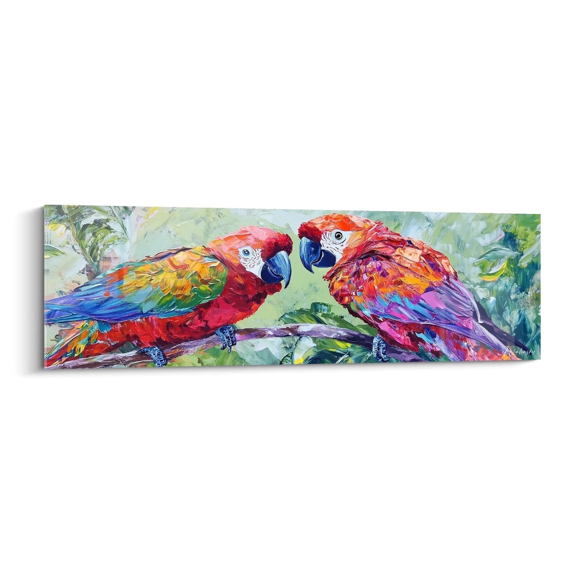 Wandbild Papageien Paar XXL - Bunte Aras auf Ast in tropischer Dschungel Atmosphäre - Edition Papagei Kunstdruck