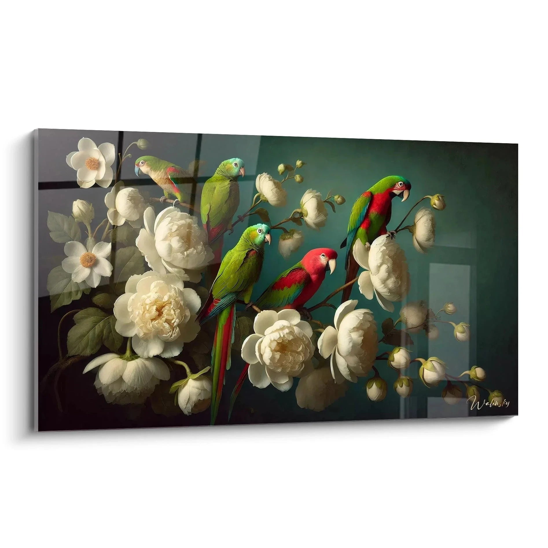 Wandbild mit fünf bunten Papageien zwischen weißen Pfingstrosen - tropische Wandkunst Edition Papagei