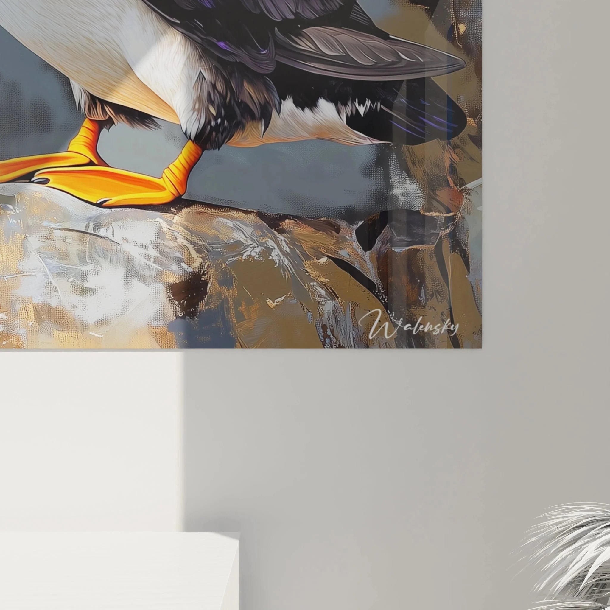 Gesamtansicht Wandbild Papageitaucher Klippe, nordische Maritime Kunst für Wohnräume