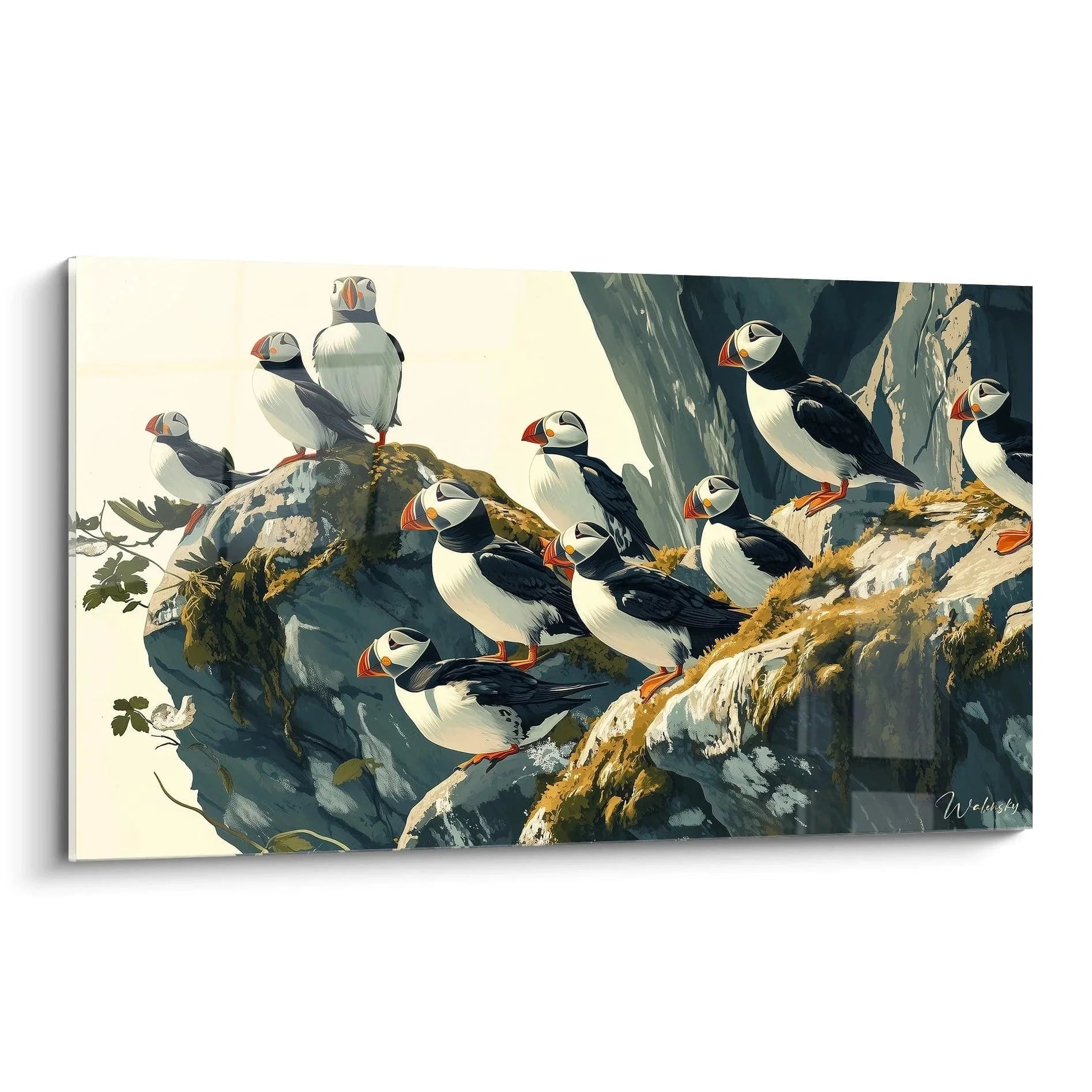 Wandbild Papageitaucher Kolonie auf moosbewachsenen Felsen mit bunten Schnäbeln - Edition Papageitaucher