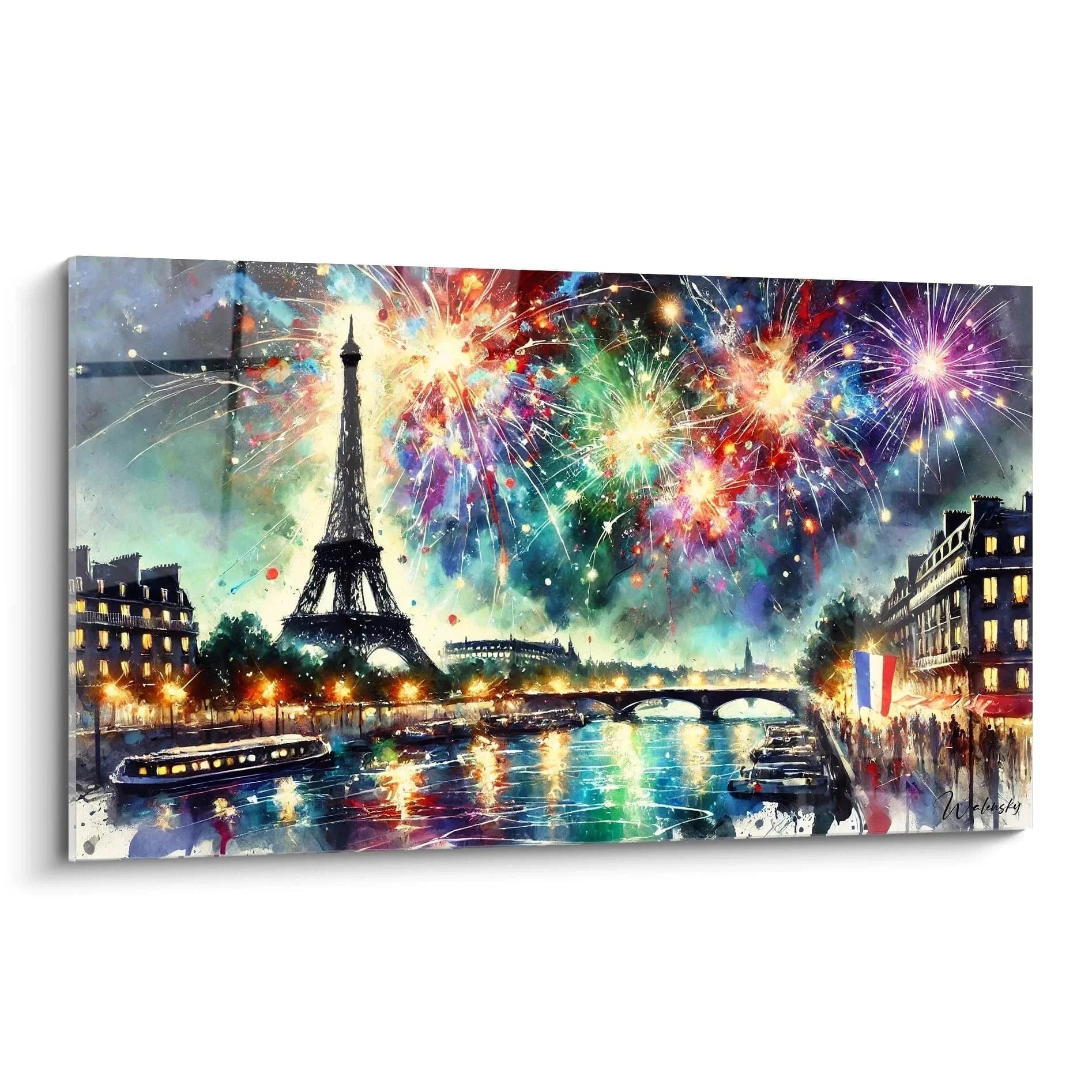 Wandbild Paris Eiffelturm mit buntem Feuerwerk über der Seine bei Nacht, romantische französische Stadtansicht