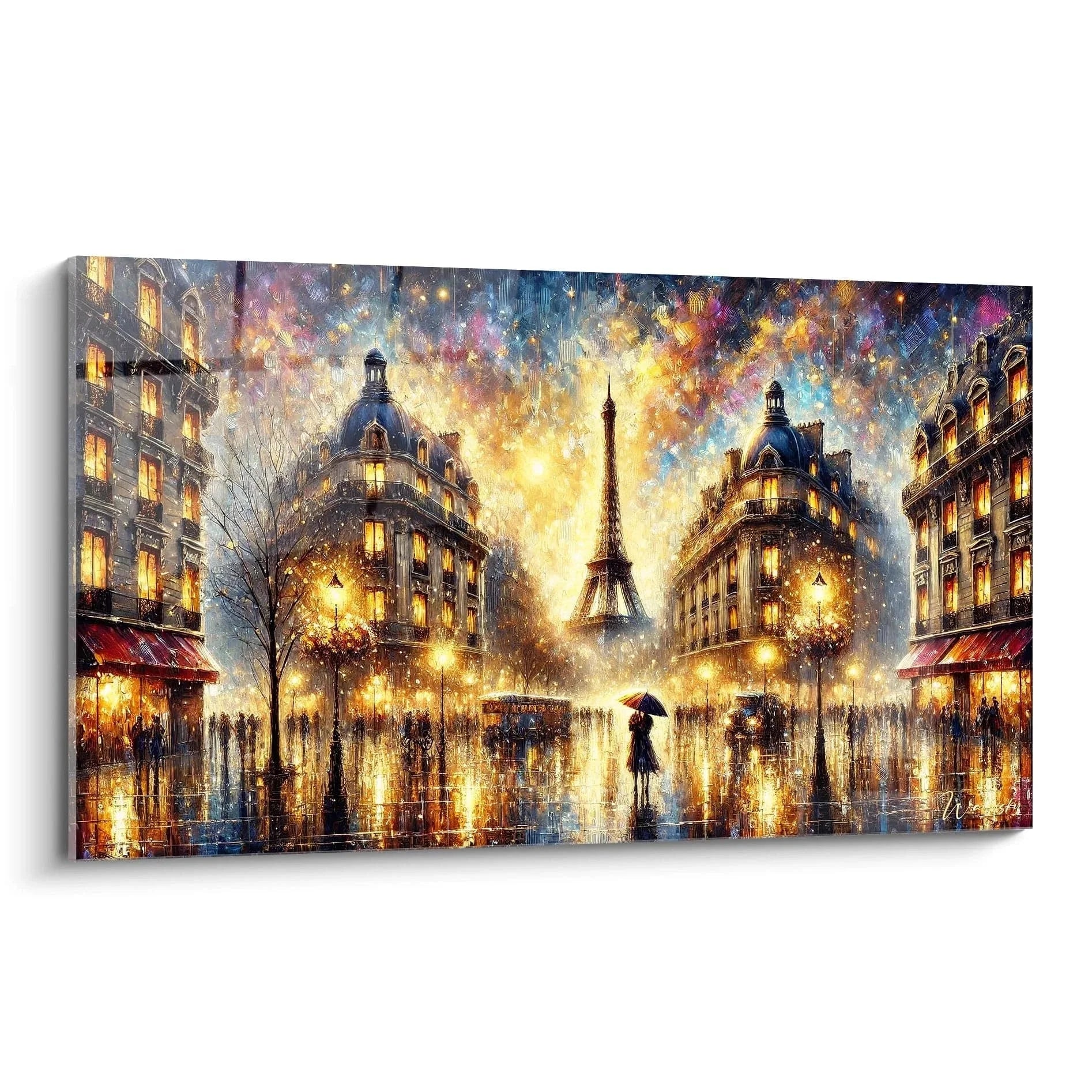 Wandbild Paris Eiffelturm bei Regen mit romantischer Straßenszene und warmem Licht