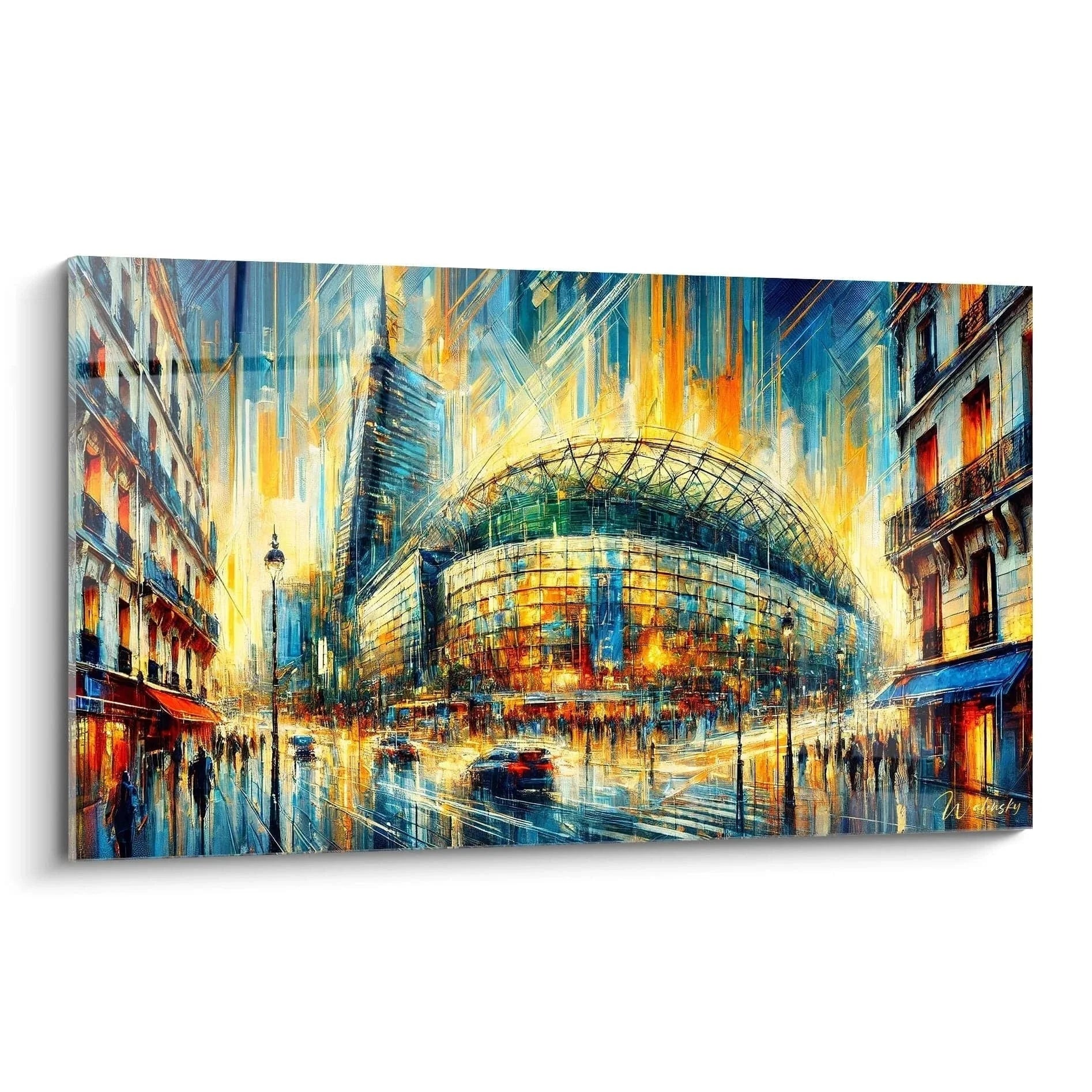 Wandbild Paris moderne Architektur impressionistisch mit Glaskuppel und Straßenszene in warmen Farben