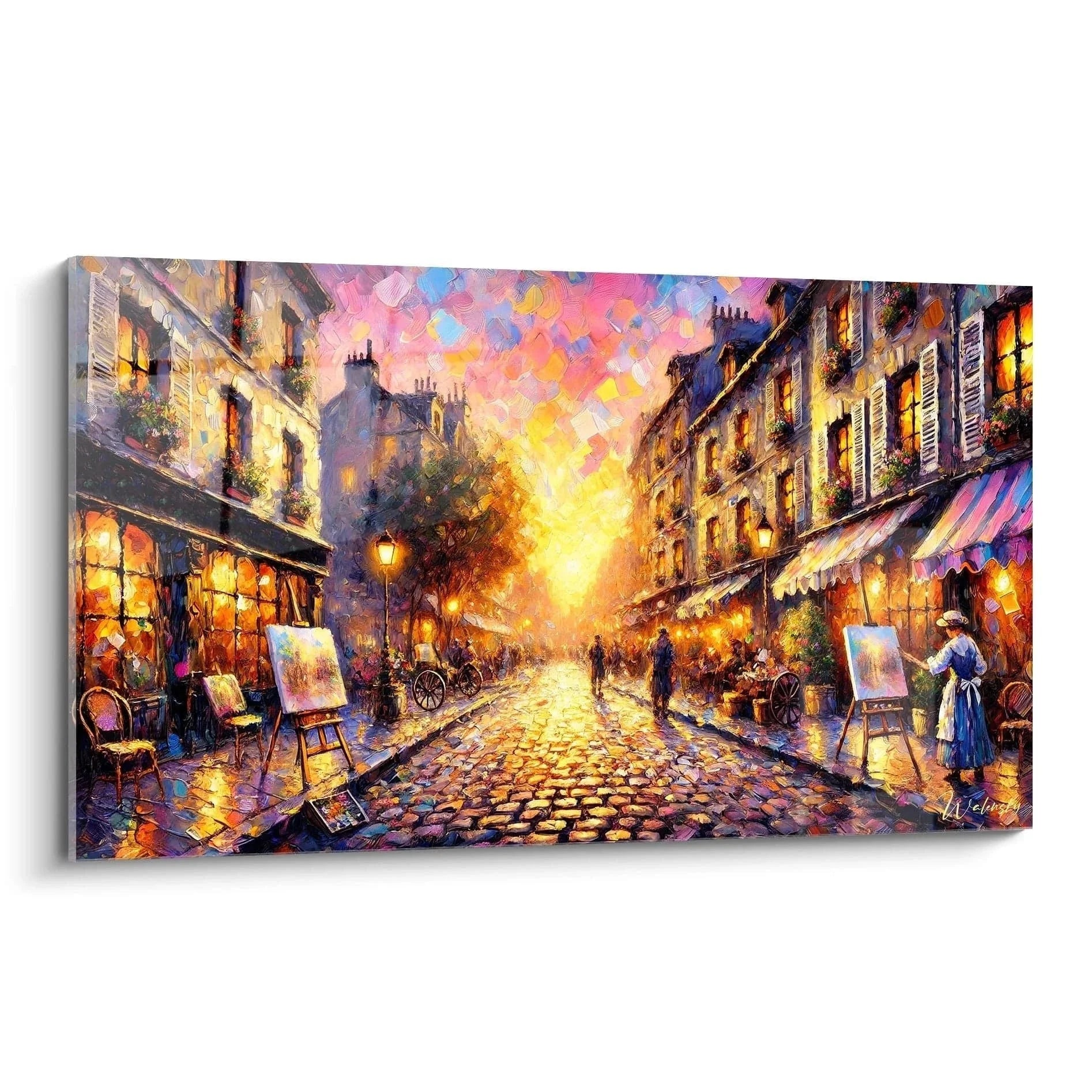 Wandbild romantische Pariser Straßenszene mit Kopfsteinpflaster und Künstlerstaffeleien bei Sonnenuntergang