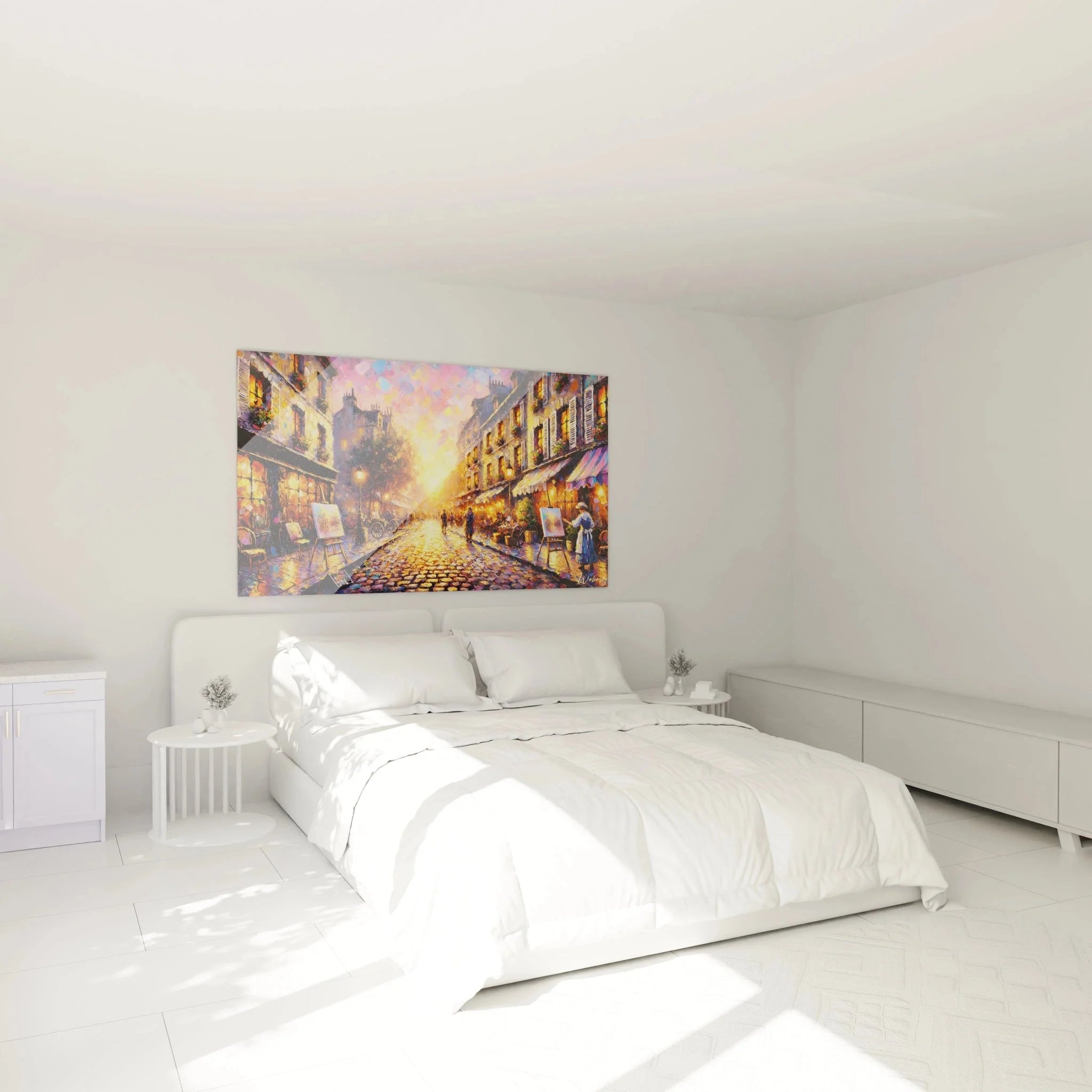 Pariser Straßenszene Wandbild in modernem Schlafzimmer als stilvolle Wanddekoration über dem Bett