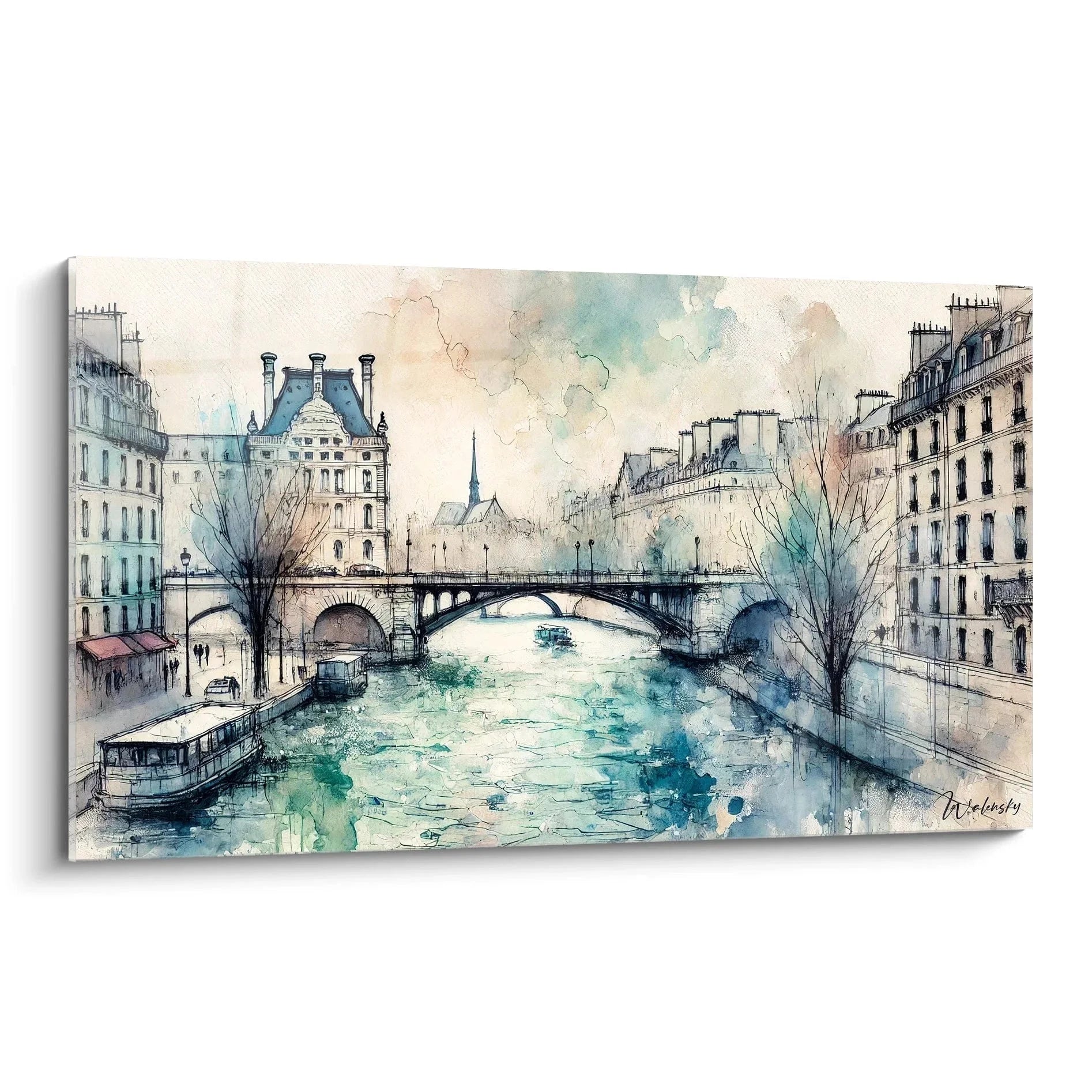 Wandbild Paris Seine mit romantischer Brückenansicht und Ausflugsboot im Aquarell-Stil