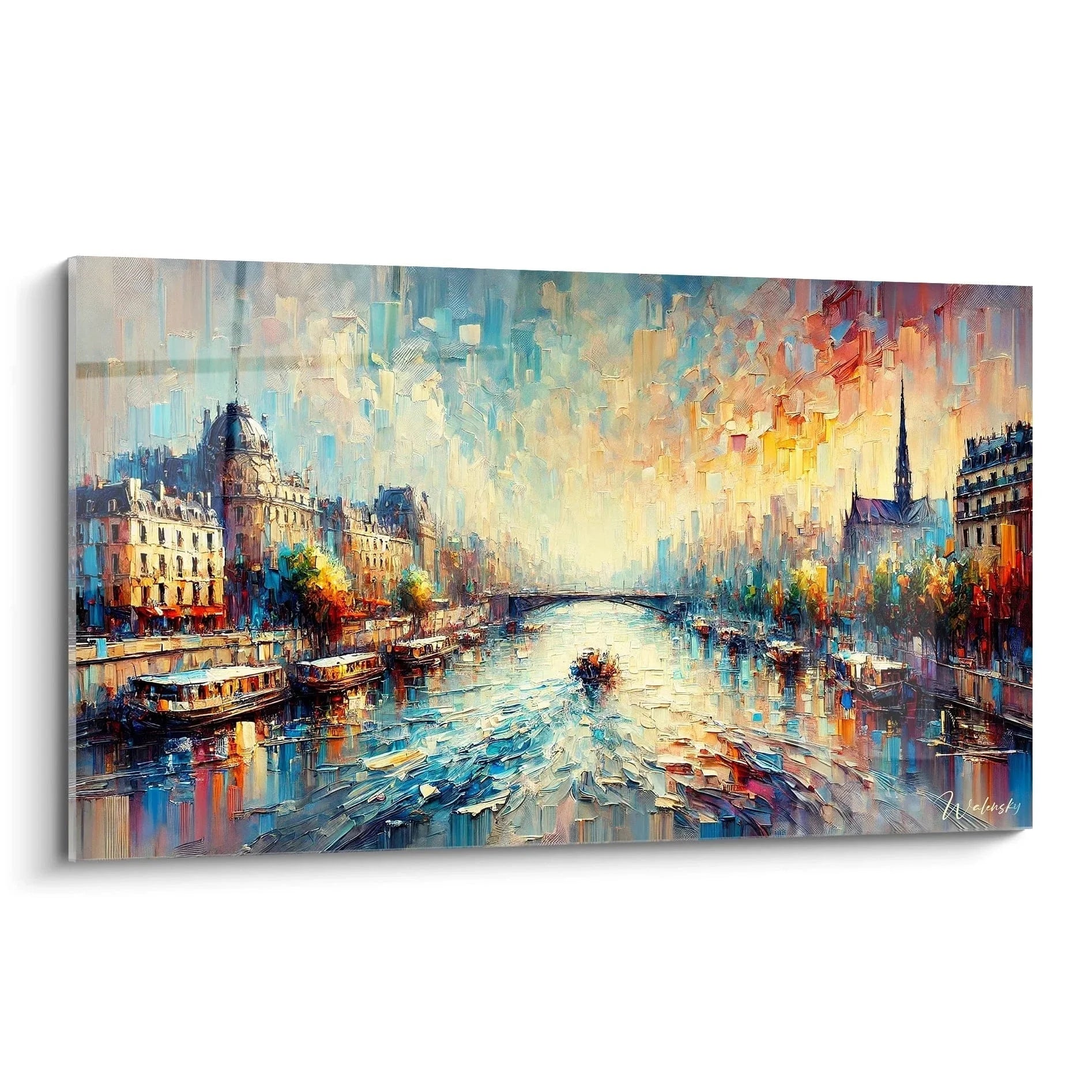 Impressionistisches Wandbild Paris Seine mit Hausbooten und romantischer Stadtansicht