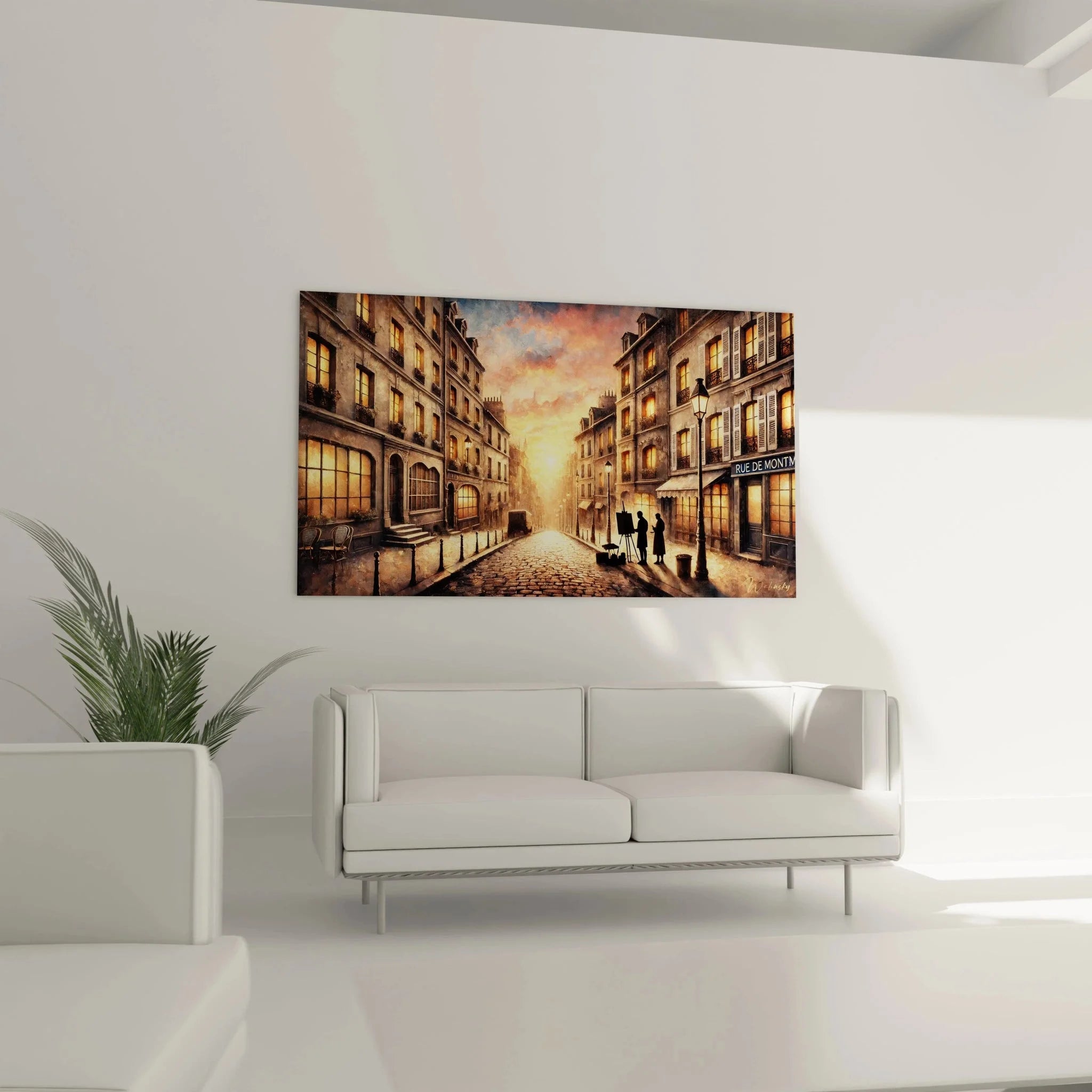 Detailaufnahme Wandbild Paris Straße - warme Fensterbeleuchtung und französische Architektur