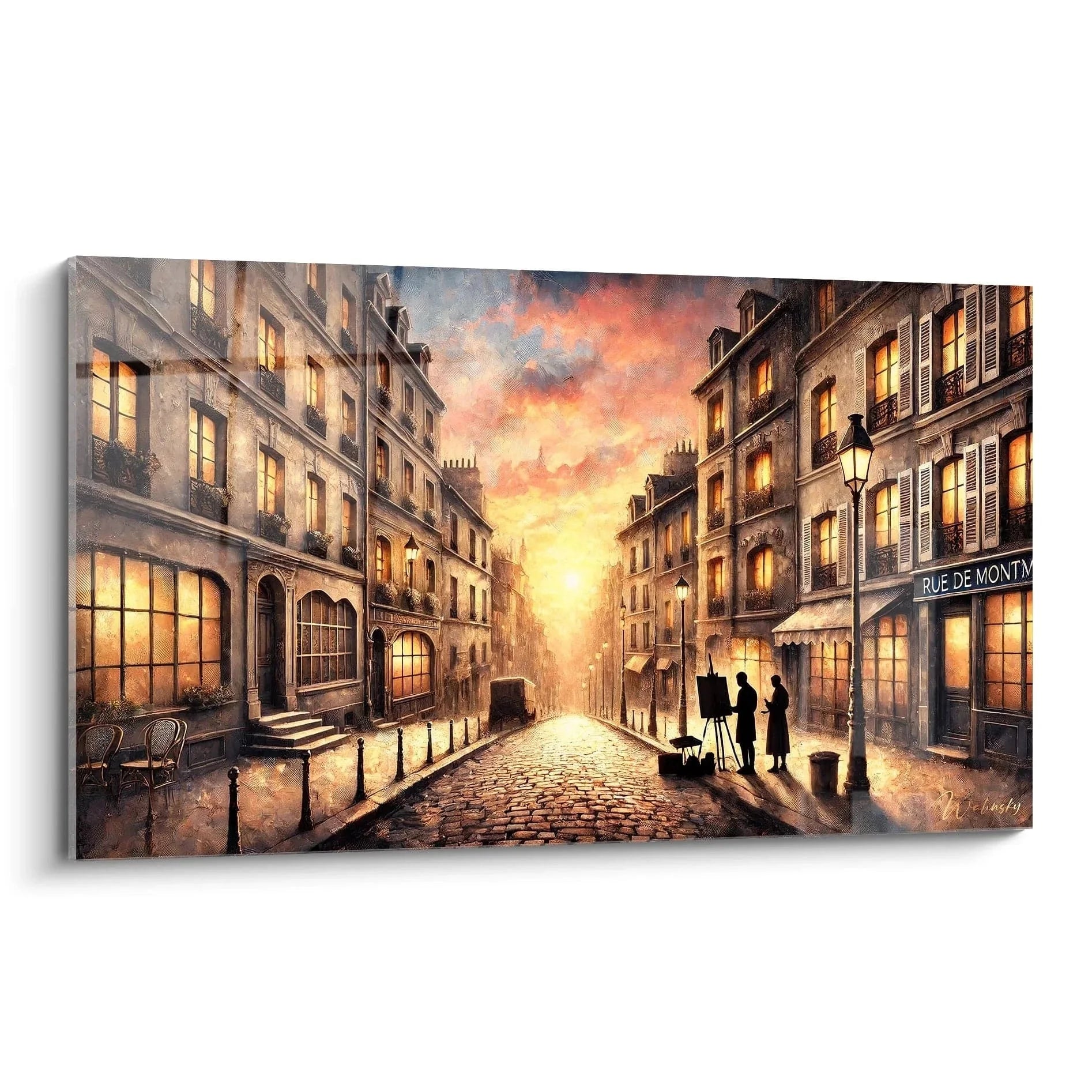 Wandbild romantische Pariser Straße bei Sonnenuntergang mit Kopfsteinpflaster und historischen Gebäuden