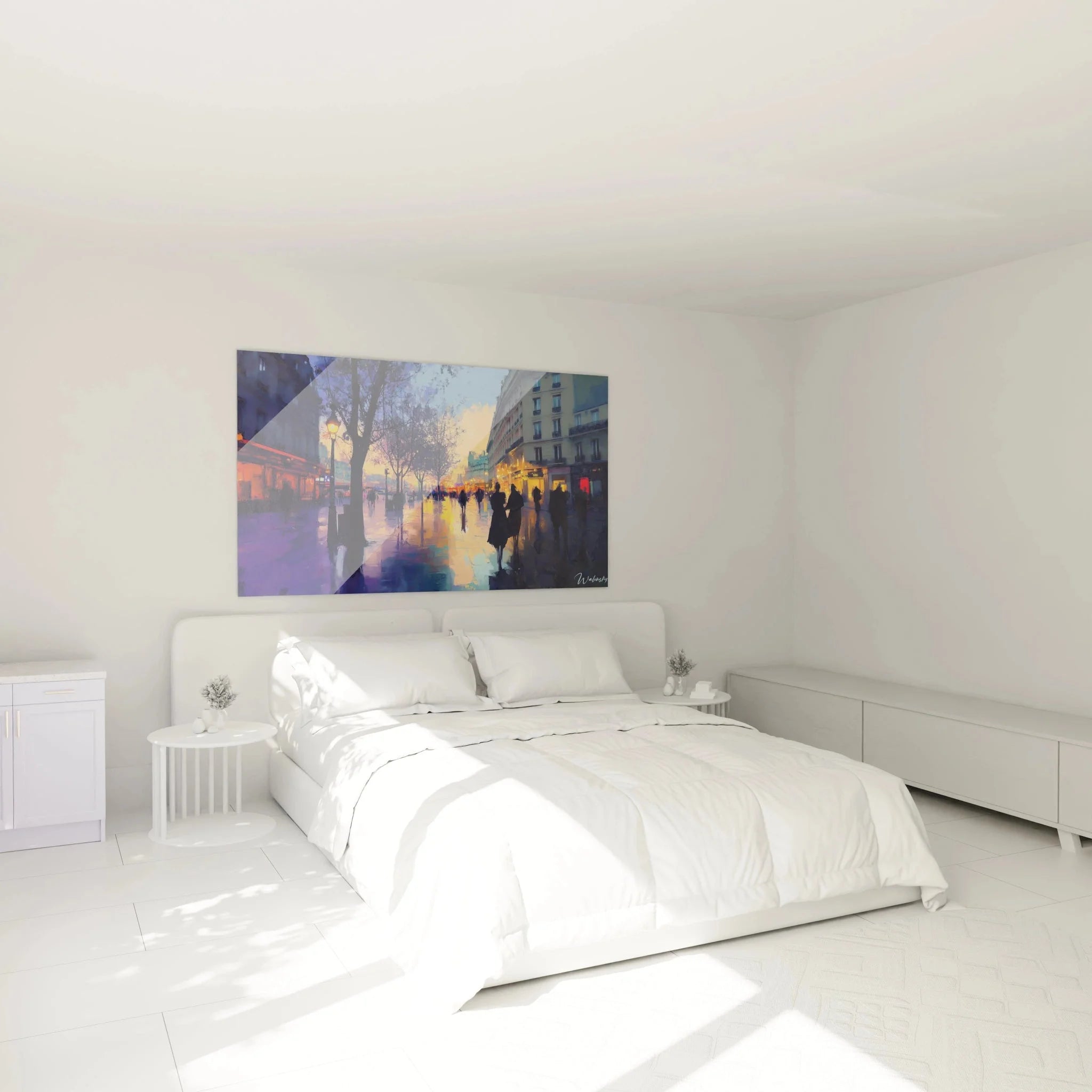 Wandbild Pariser Straßenszene in elegantem Schlafzimmer - stimmungsvolle Wanddekoration im Pissarro Stil