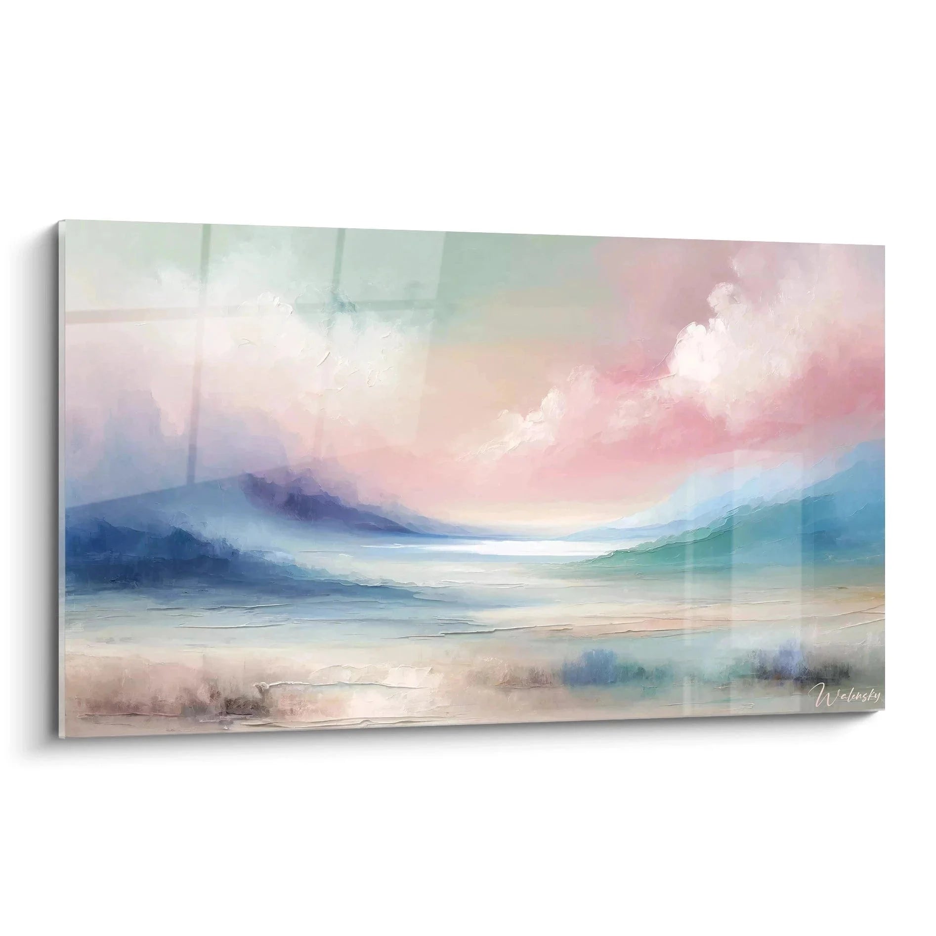 Wandbild Pastelllandschaft mit abstrakten Bergen in sanften Rosa, Mint und Blau Tönen - Edition Abstrakte Landschaft