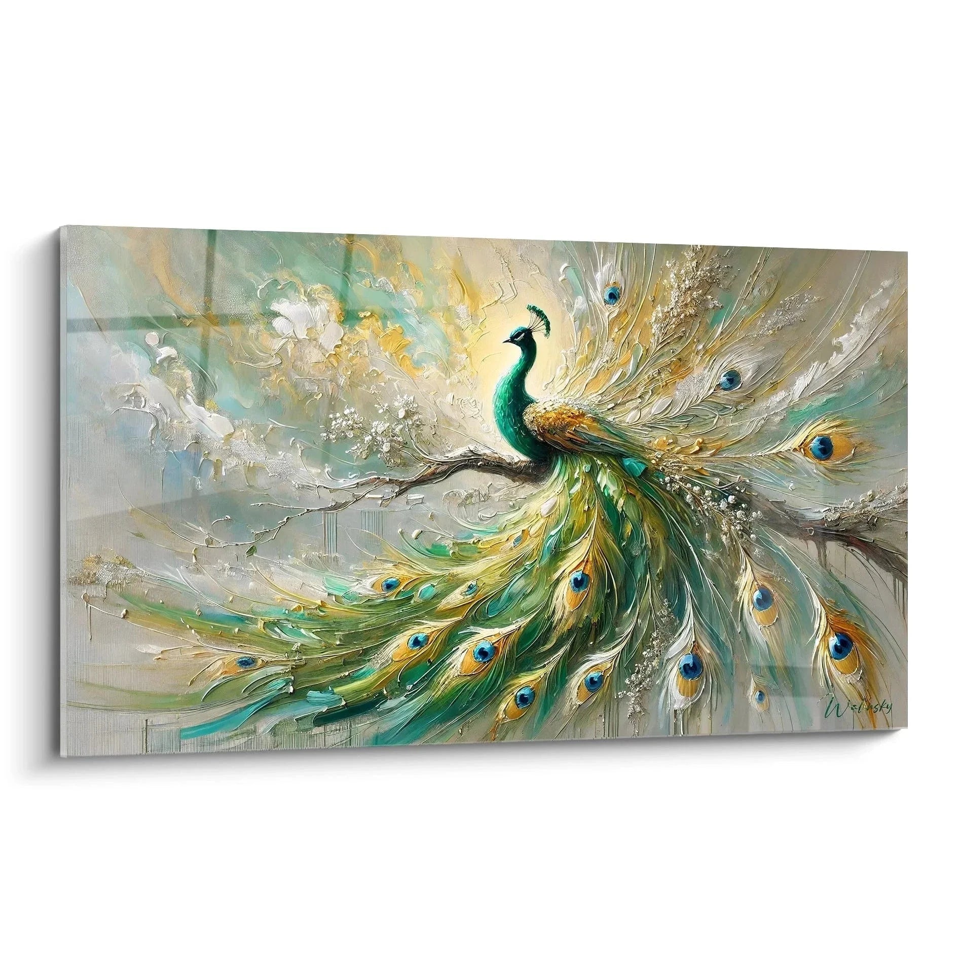 Wandbild Pfau abstrakt mit majestätischen türkis-goldenen Federn in dynamischer Komposition