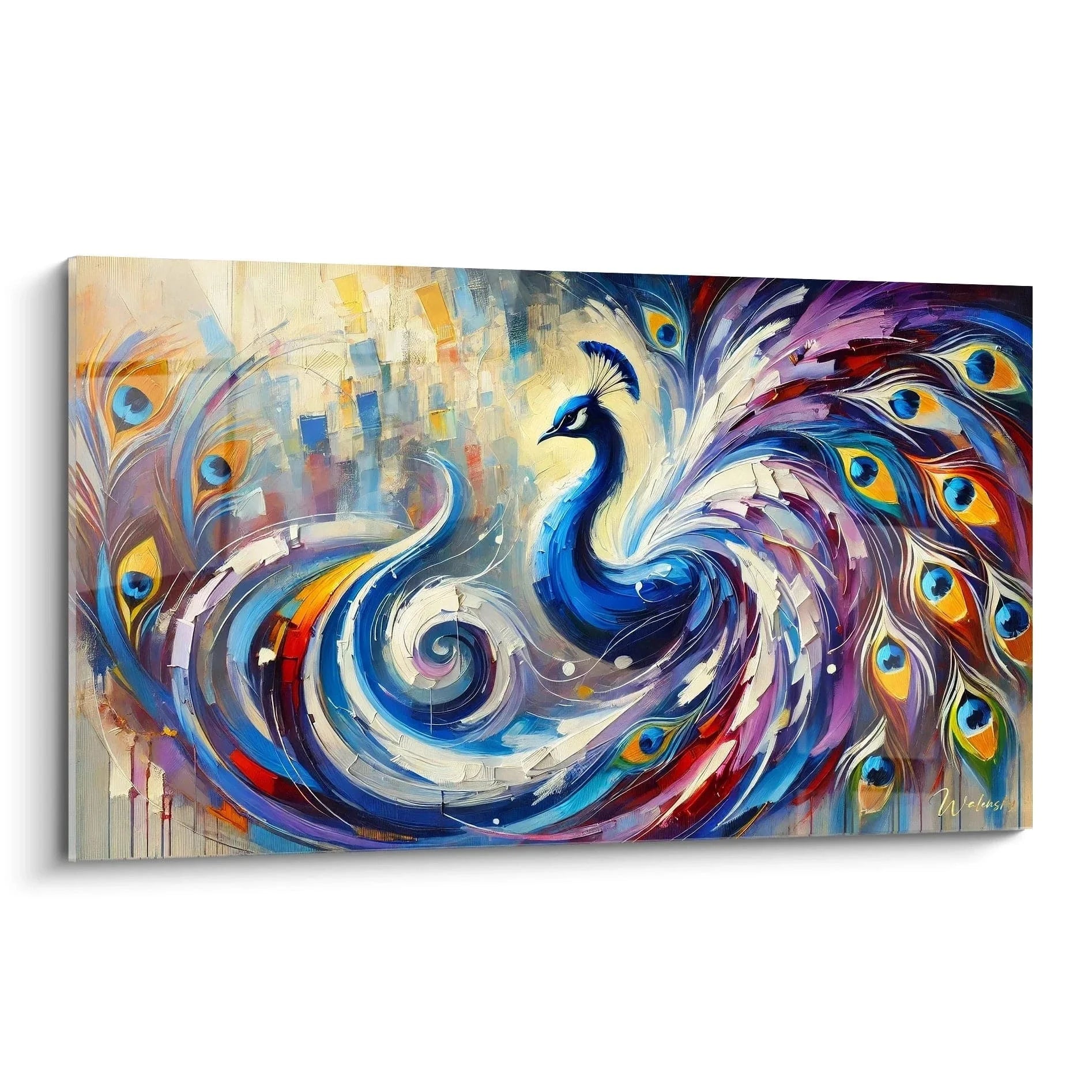 Wandbild Pfau abstrakt mit spiralförmigen Pfauenfedern in Blau Gold Türkis moderne Wanddekoration