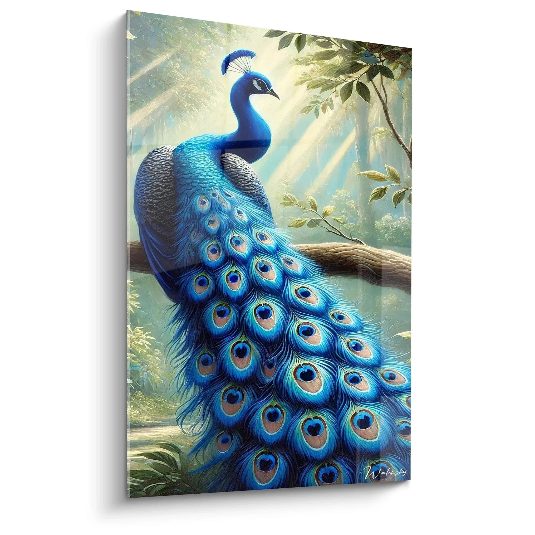 Majestätisches Wandbild Pfau in strahlendem Blau mit prächtigen Federaugen auf Ast im Sonnenlicht