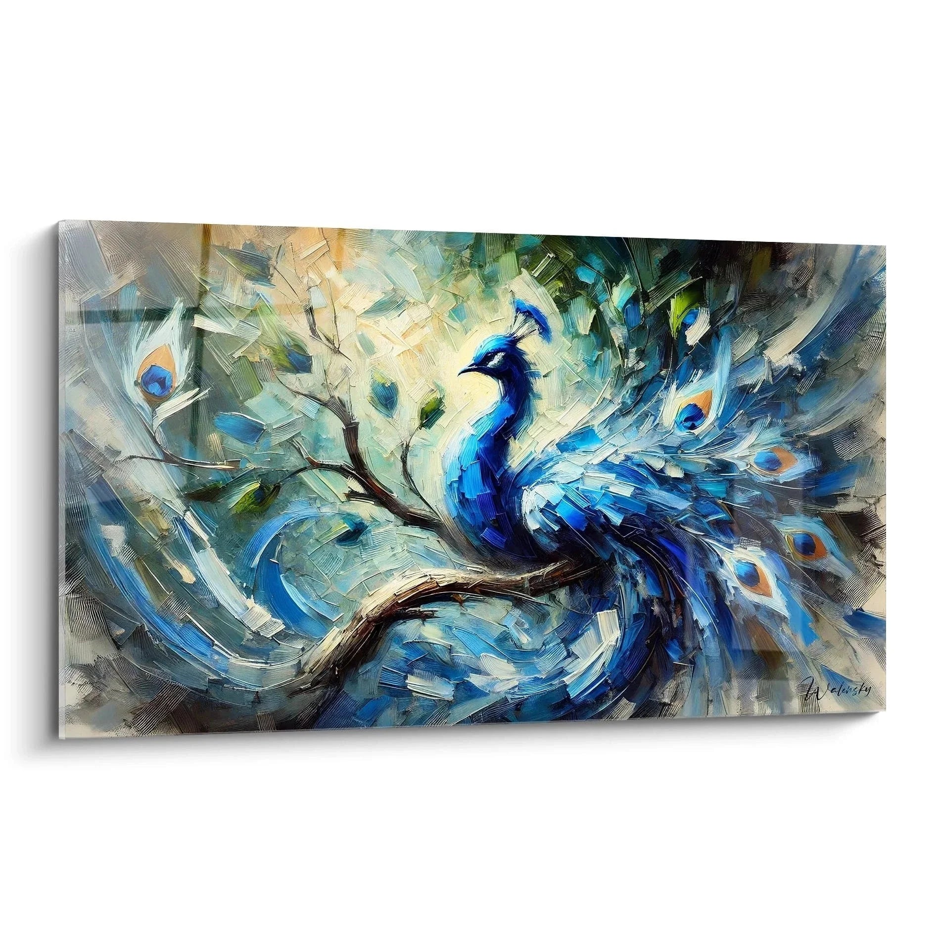 Expressionistisches Wandbild Pfau in leuchtenden Blautönen mit ausgebreiteten Schwanzfedern