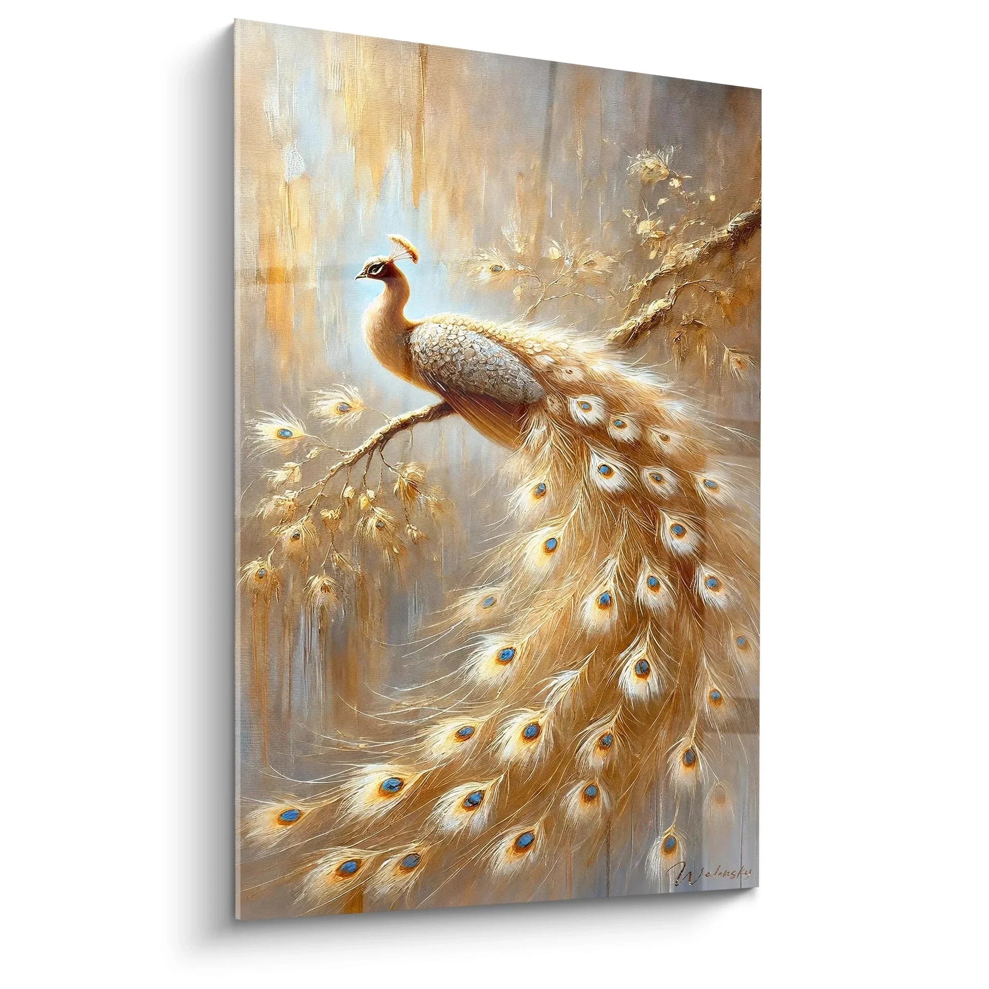 Wandbild Pfau mit goldenen Federn und blauen Augen, luxuriöse Tierwandkunst Edition Pfau