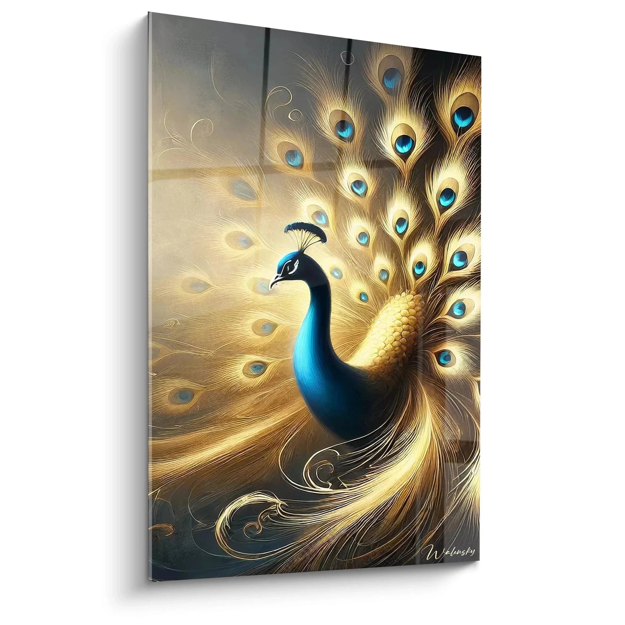 Wandbild Pfau mit goldenem Federkleid und türkisblauen Augenflecken - Edition Pfau Wandkunst