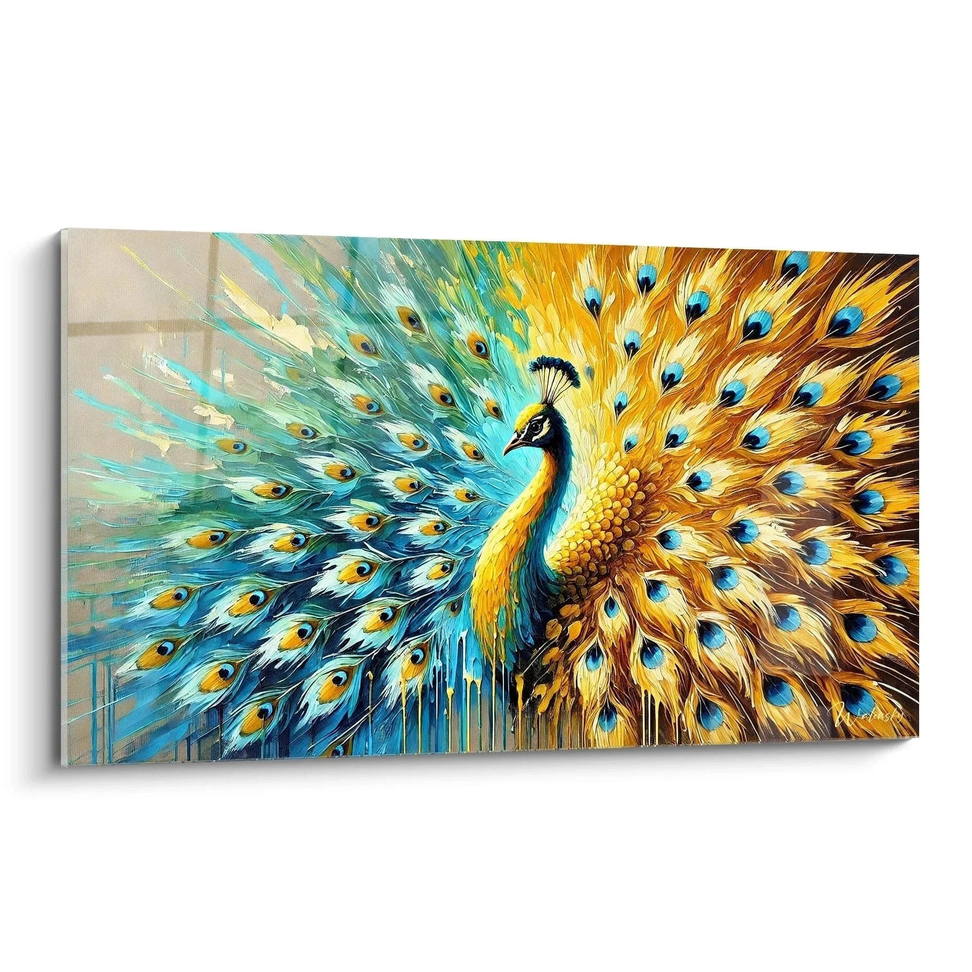 Wandbild Pfau Prachtentfaltung mit goldenen und türkisblauen Federn in majestätischer Pose Edition Pfau