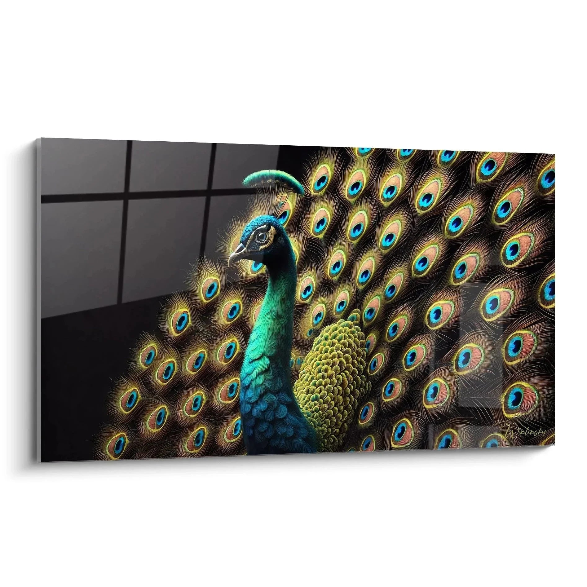 Wandbild Pfau XXL mit prächtigem Fächer und schillernden Augenflecken in Blau und Gold