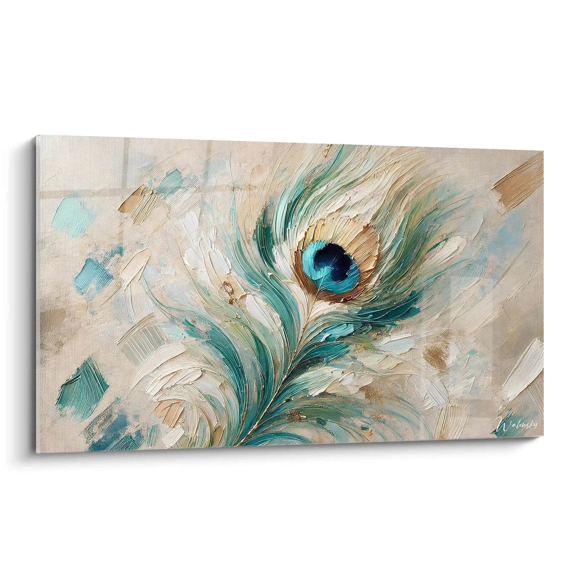 Wandbild Pfauenfeder abstrakt Aquarell türkis beige Pfauenauge moderne Wandkunst Edition Pfau
