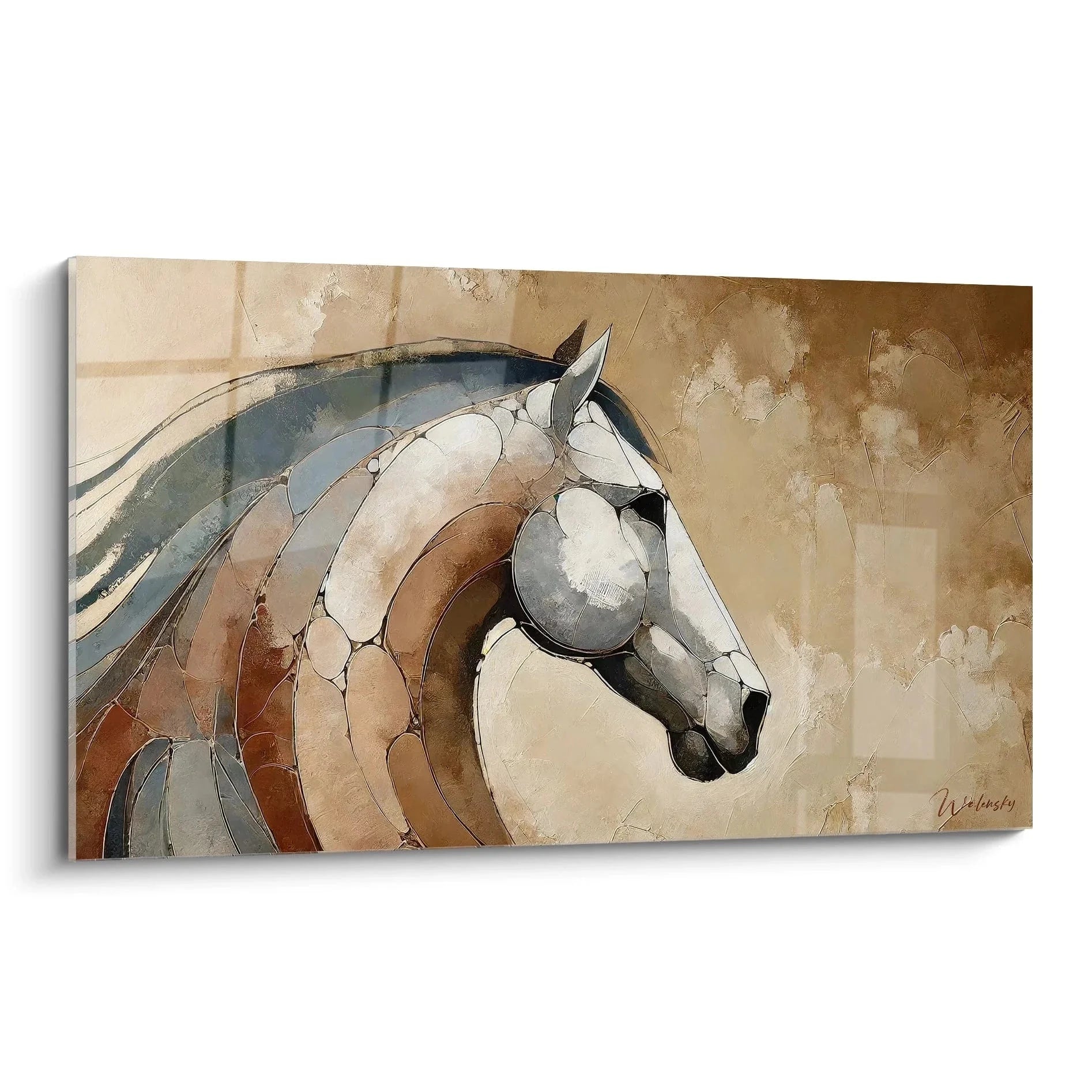 Abstraktes Wandbild Pferd in Erdtönen mit geometrischen Linien und warmem Farbspektrum