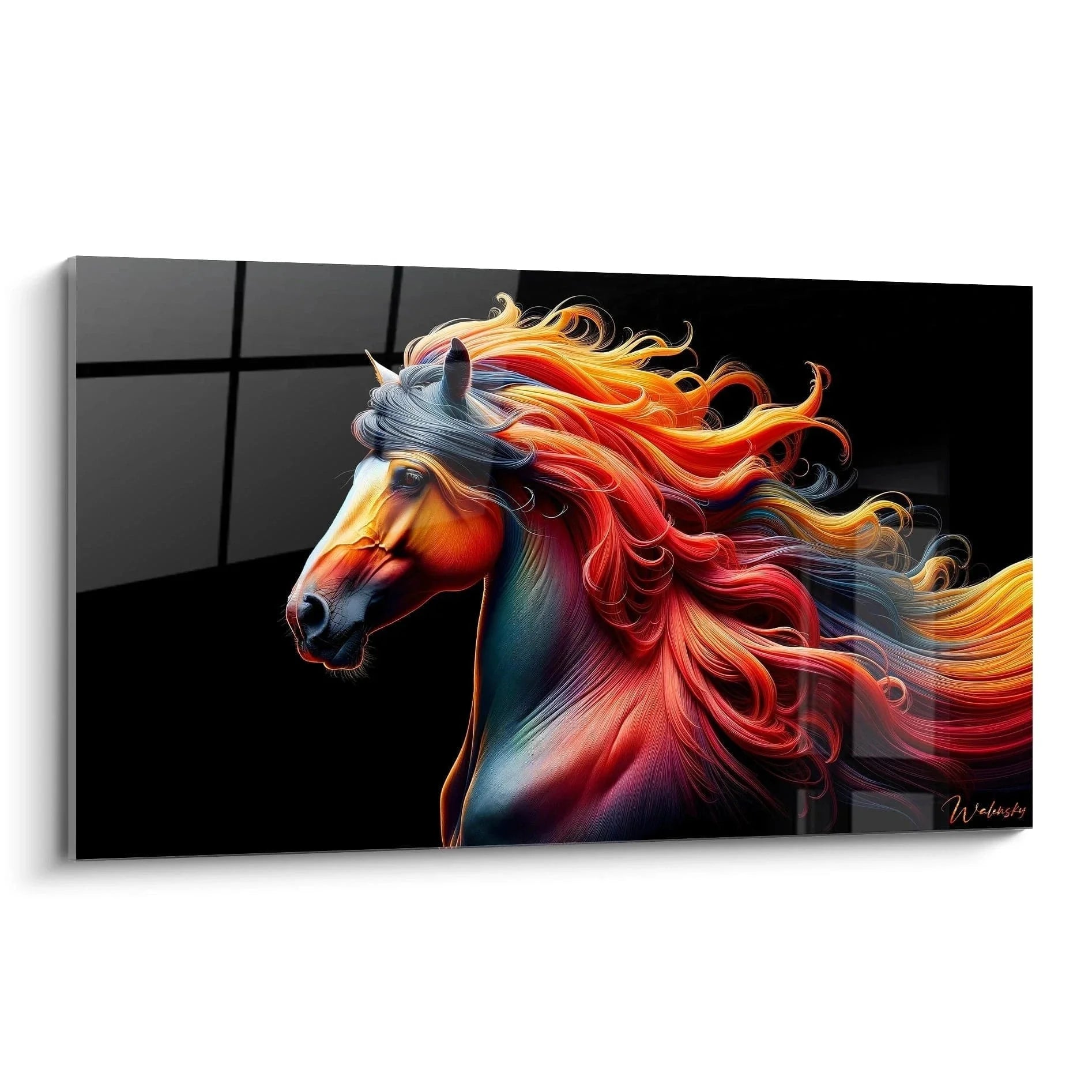 Wandbild Pferd mit flammendem Haar und leuchtender Mähne in Feuerfarben - Premium Kunstdruck XXL