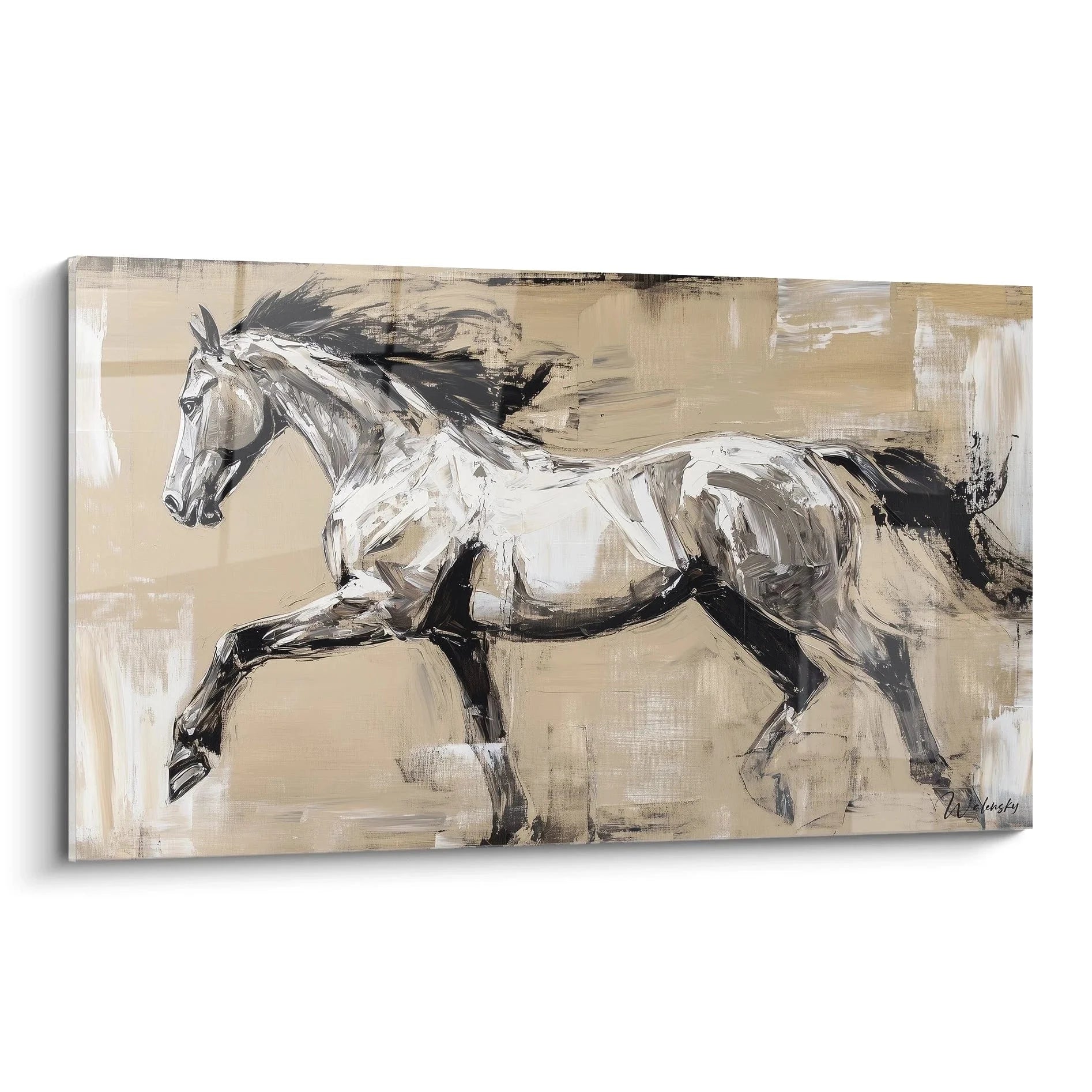 Wandbild Pferd galopierend in beige-grau Tönen, moderne Pferdekunst für Wohnzimmer und Schlafzimmer