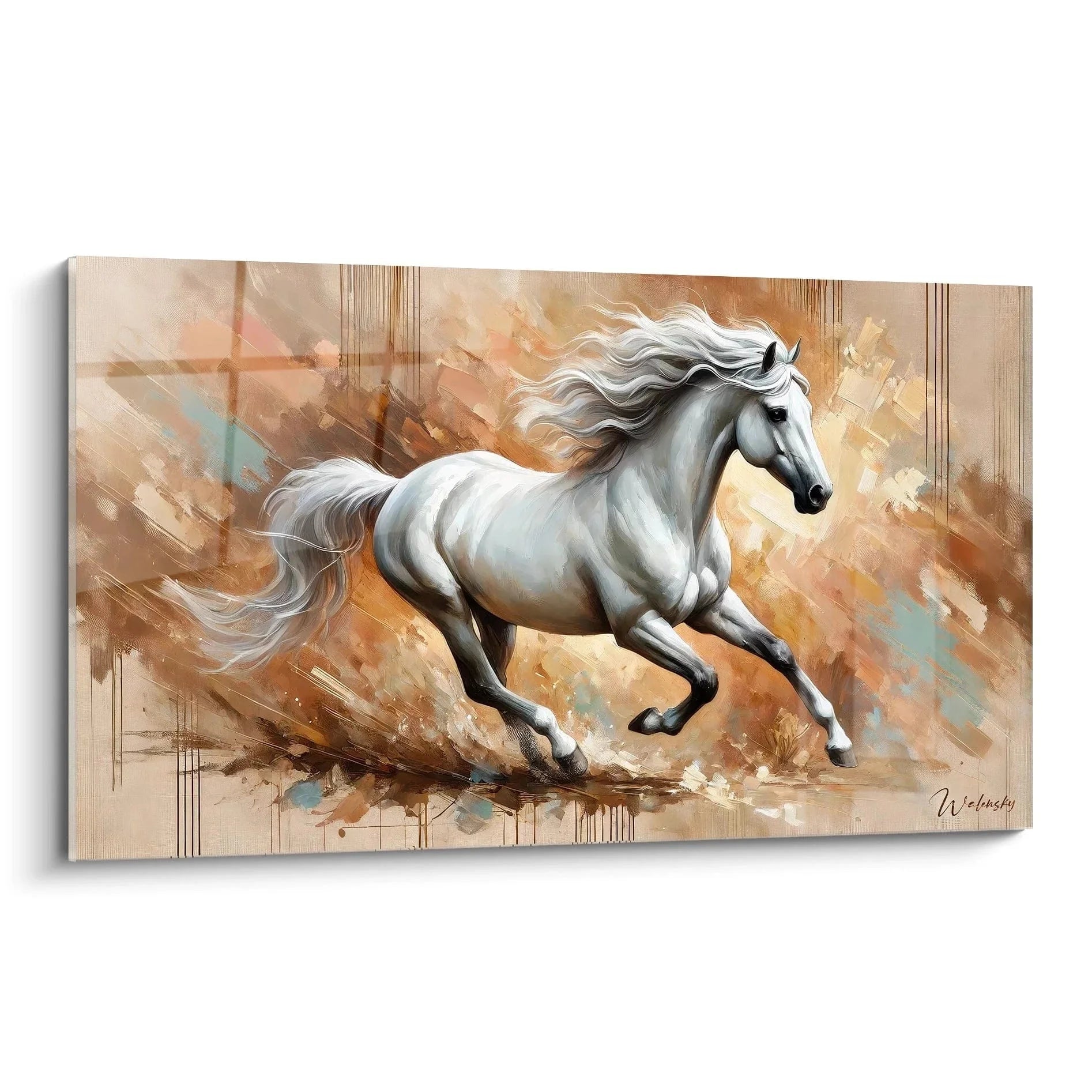 Elegantes Wandbild galoppierender weißer Schimmel mit wehender Mähne vor warmem abstraktem Hintergrund