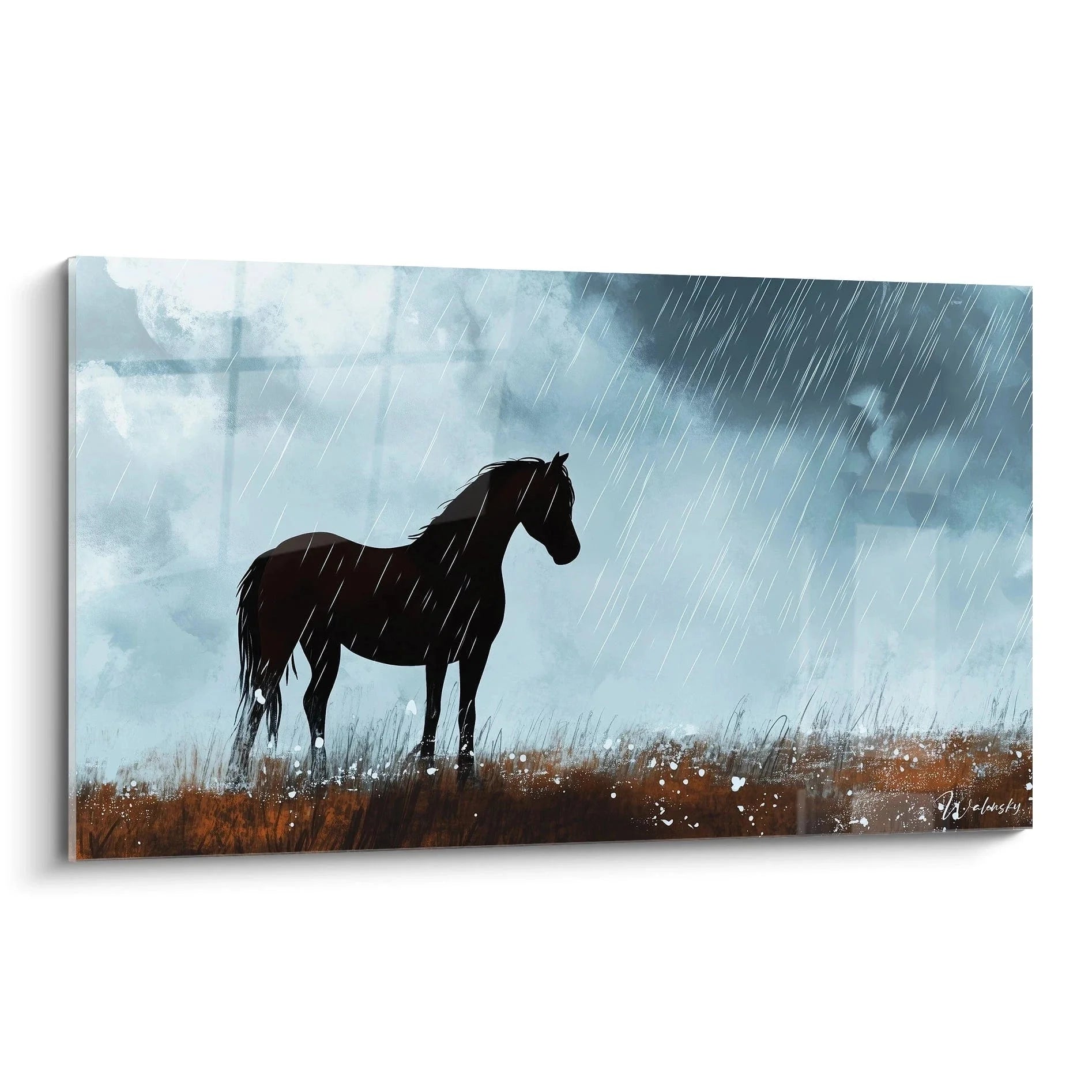 Wandbild Pferd im Regen schwarze Silhouette Géricault Stil dramatische Wandkunst