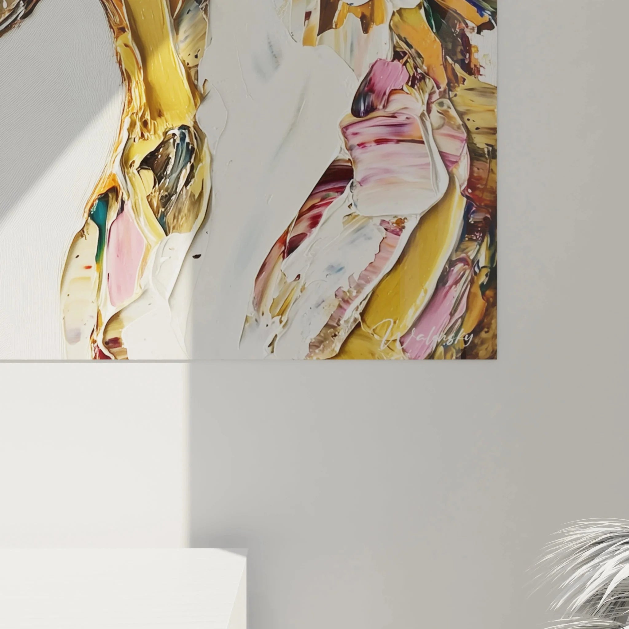 Wandbild Pferd XXL Gesamtansicht abstrakte Kunst mit weißem Pferd und bunter Farbexplosion