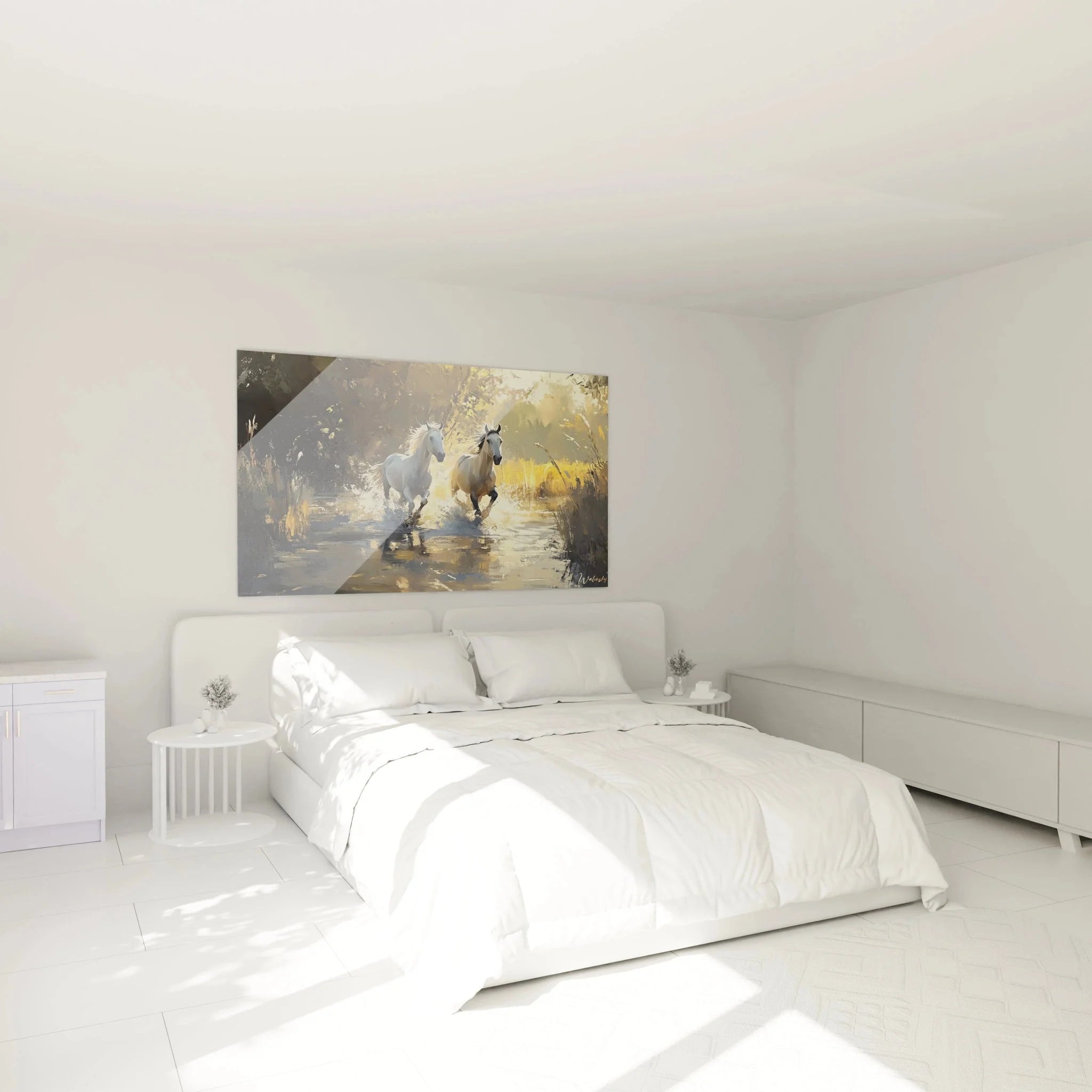 Wandbild Pferde im Wasser als Schlafzimmer Dekoration mit warmem Licht und Wasserspray Effekt