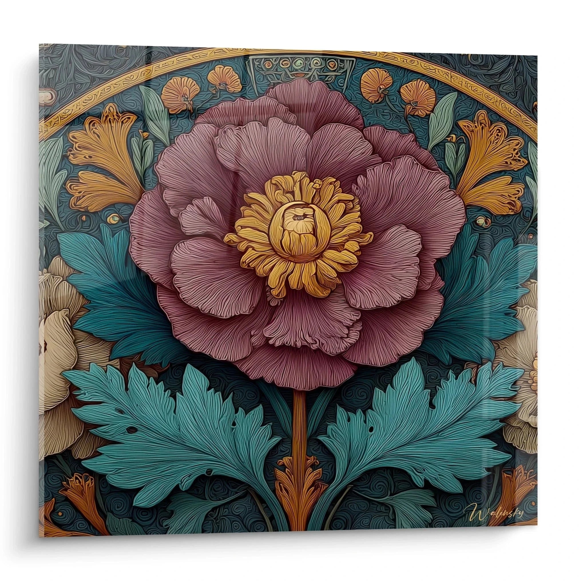 Wandbild Pfingstrose Jugendstil mit violetter Blüte und goldenen Art Nouveau Ornamenten