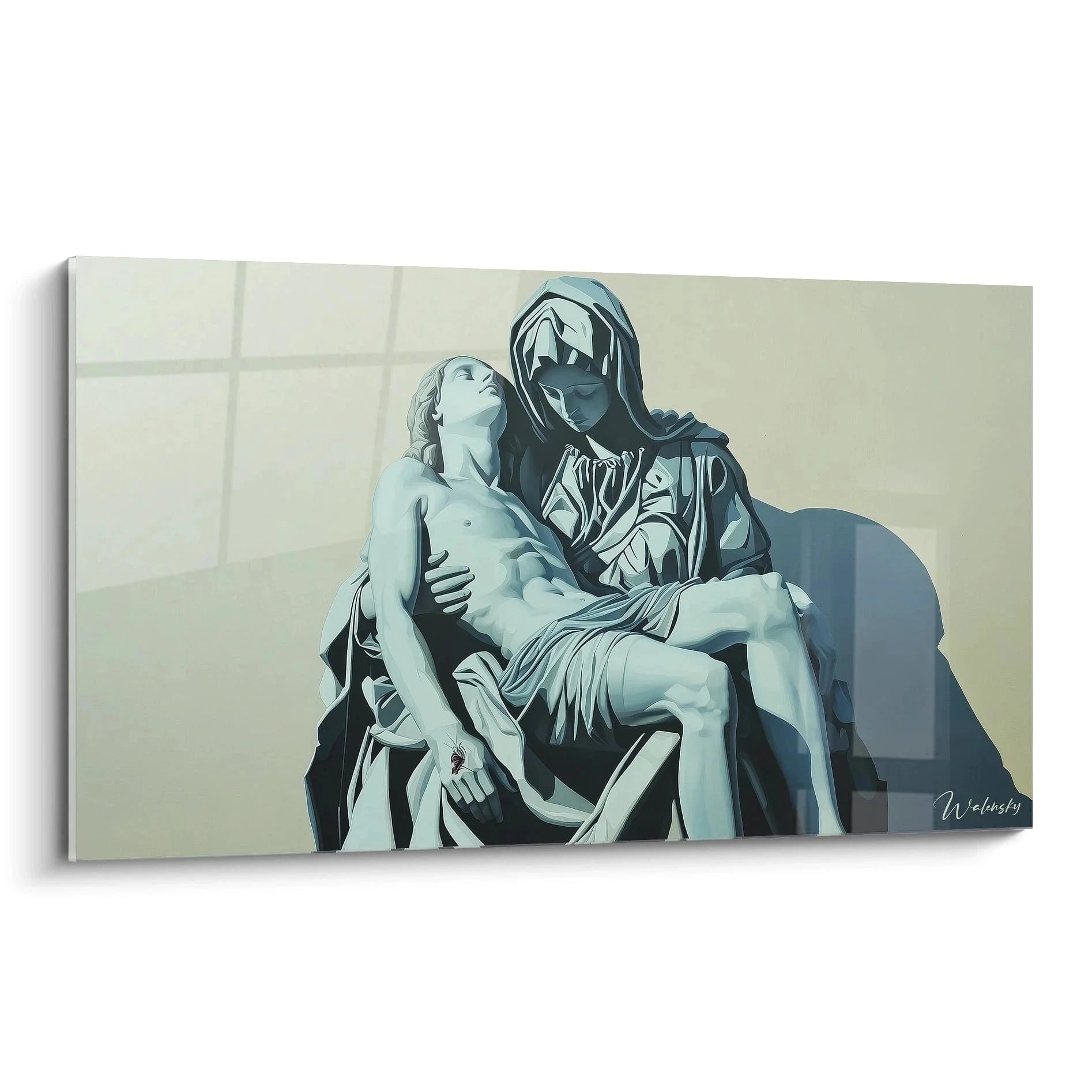 Modernes Wandbild Pietà nach Michelangelo in blau-grauer Farbgestaltung mit zeitgenössischer Interpretation