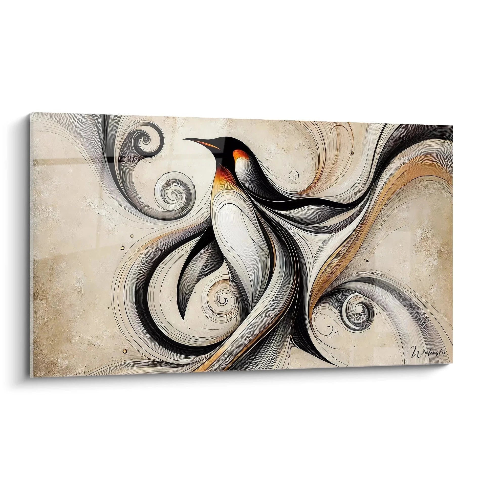 Abstraktes Wandbild Pinguin mit eleganten Spiralen in Schwarz-Weiß-Tönen - moderne Pinguin Wandkunst XXL