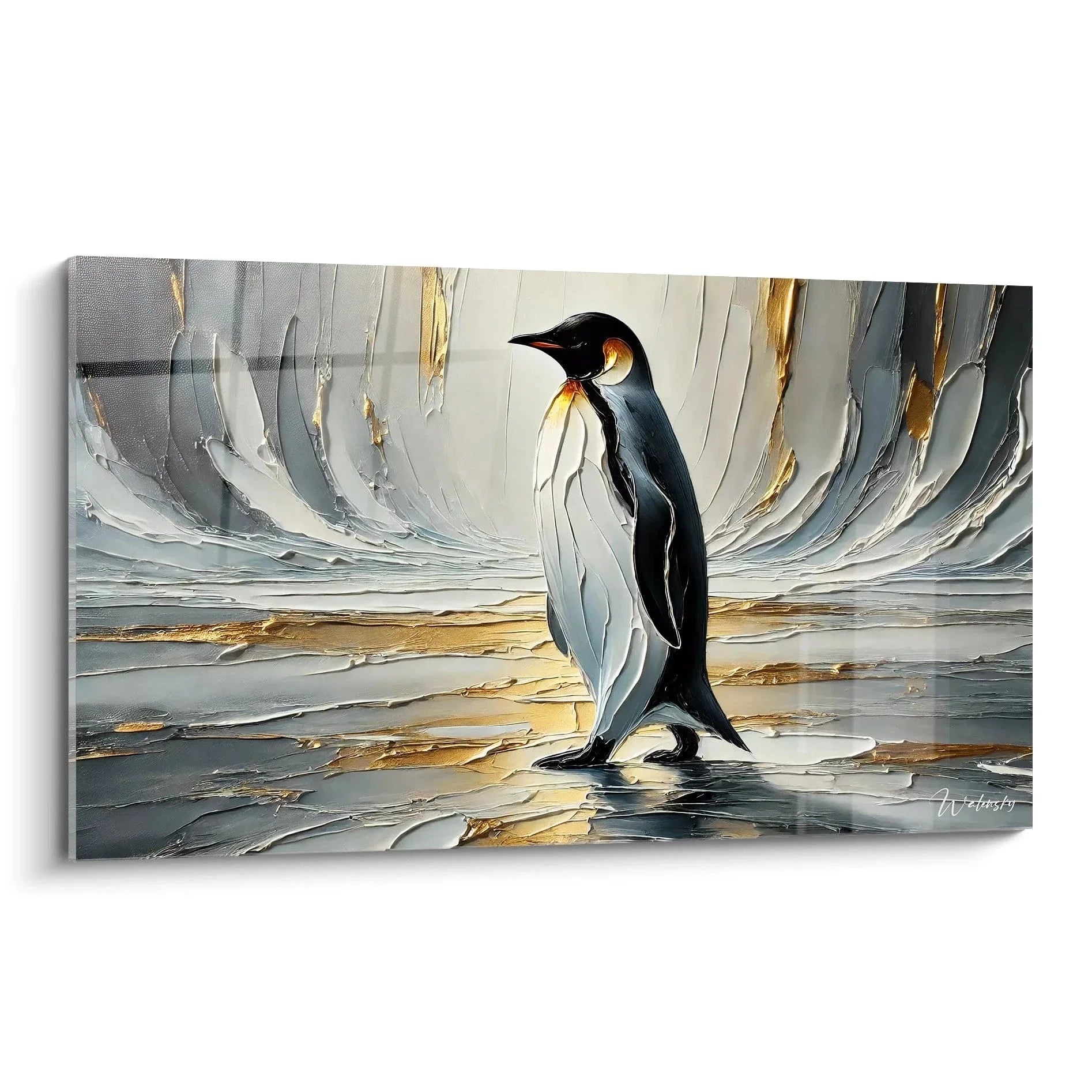 Wandbild Kaiserpinguin auf Eisscholle mit dramatischer Himmelskulisse - Premium Pinguin Wanddekoration