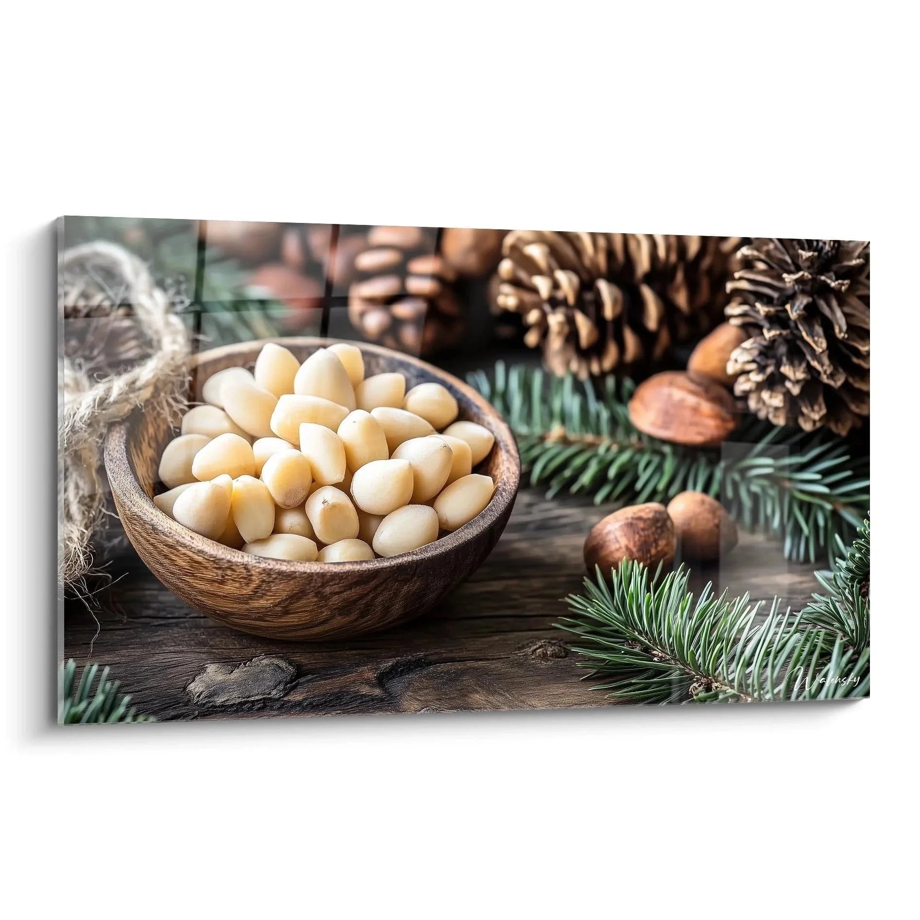 Wandbild Pinienkerne in Holzschale mit Tannenzapfen und Kiefernzweigen winterliche Küchendekoration