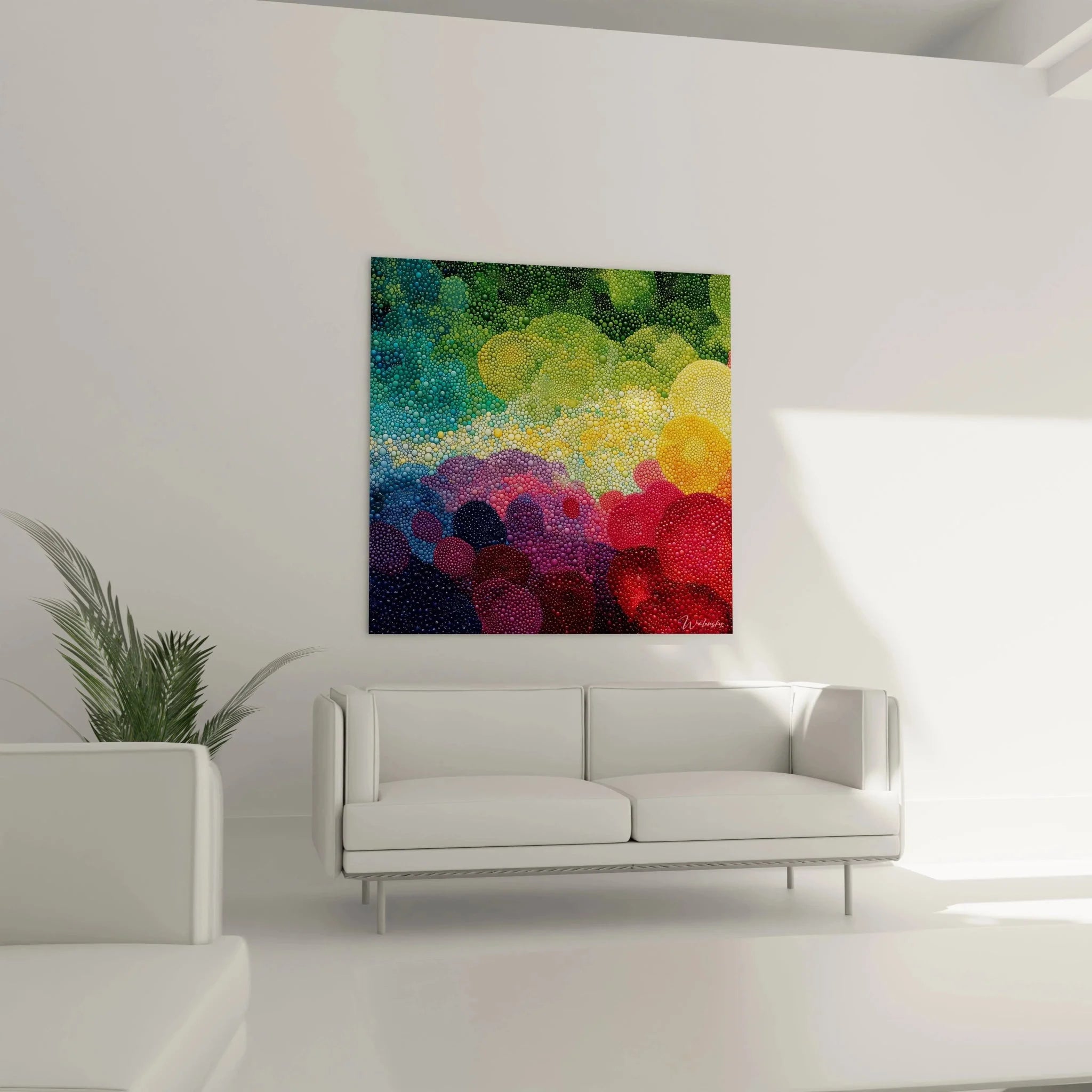 Detailaufnahme Wandbild Pointillismus zeigt farbige Punkte der abstrakten Landschaft Technik