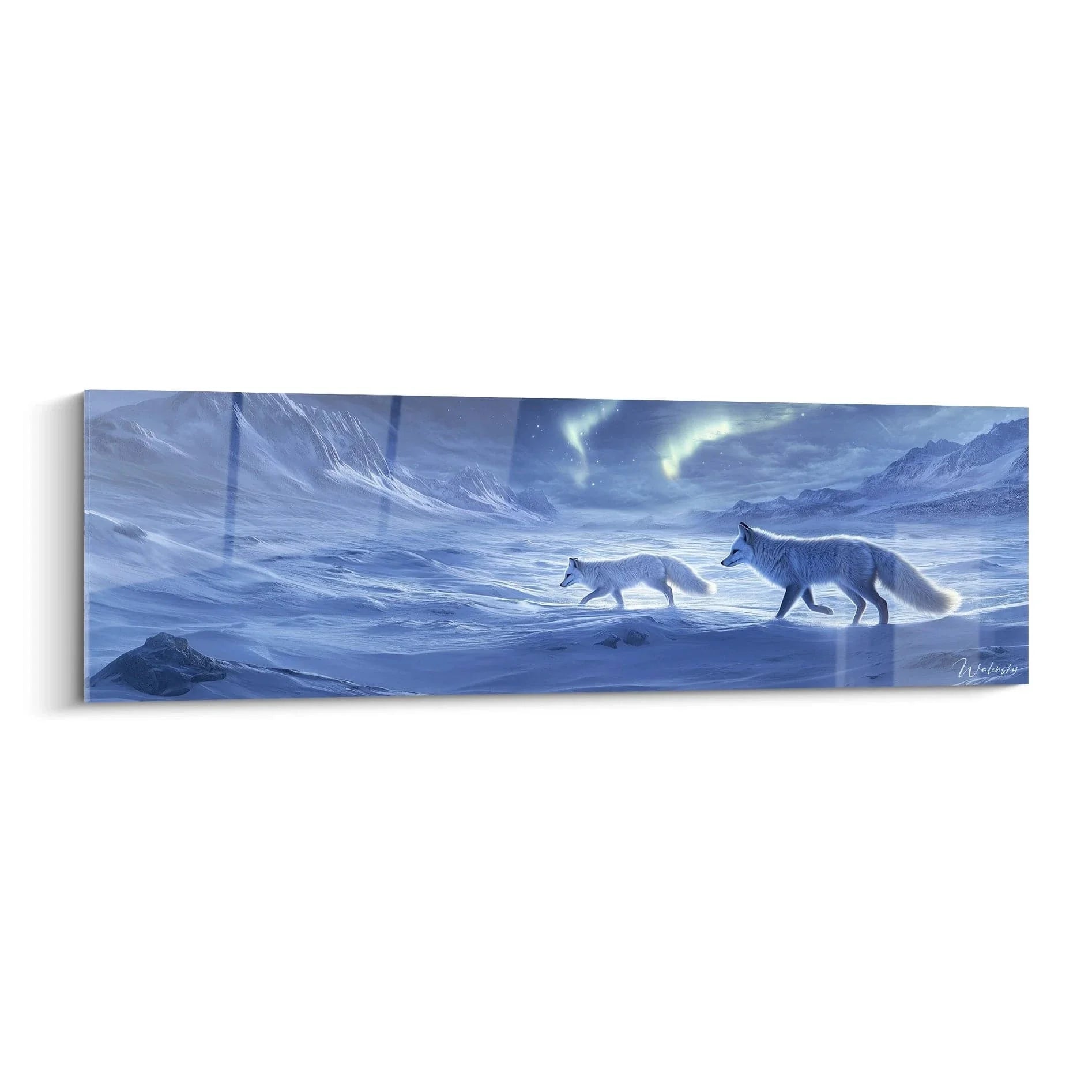 Wandbild zwei Polarfüchse in arktischer Schneelandschaft mit Nordlicht Edition Fuchs
