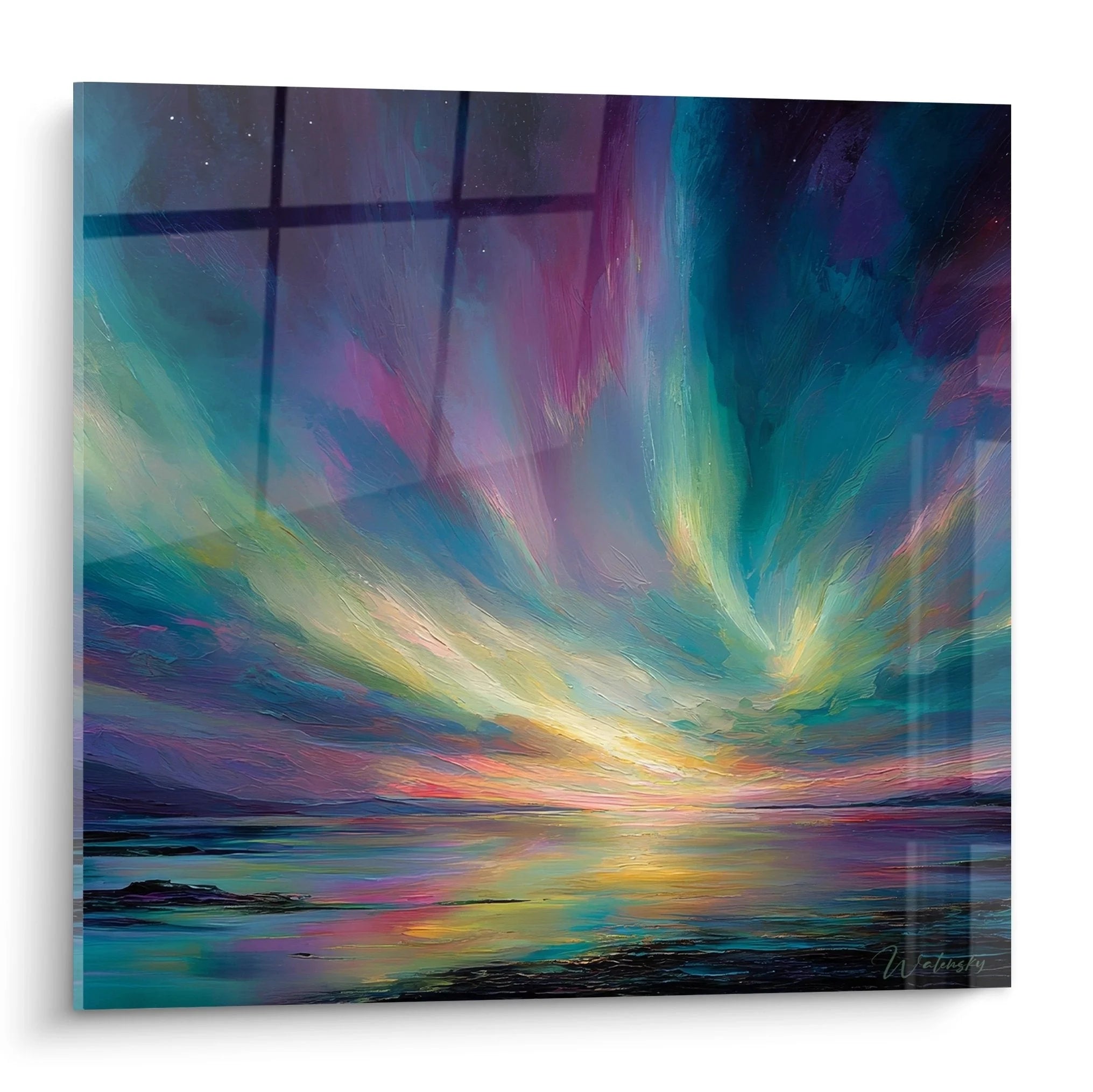 Wandbild Polarlicht mit spektakulären Farben über Wasserlandschaft - Edition Nordlicht Wanddekoration