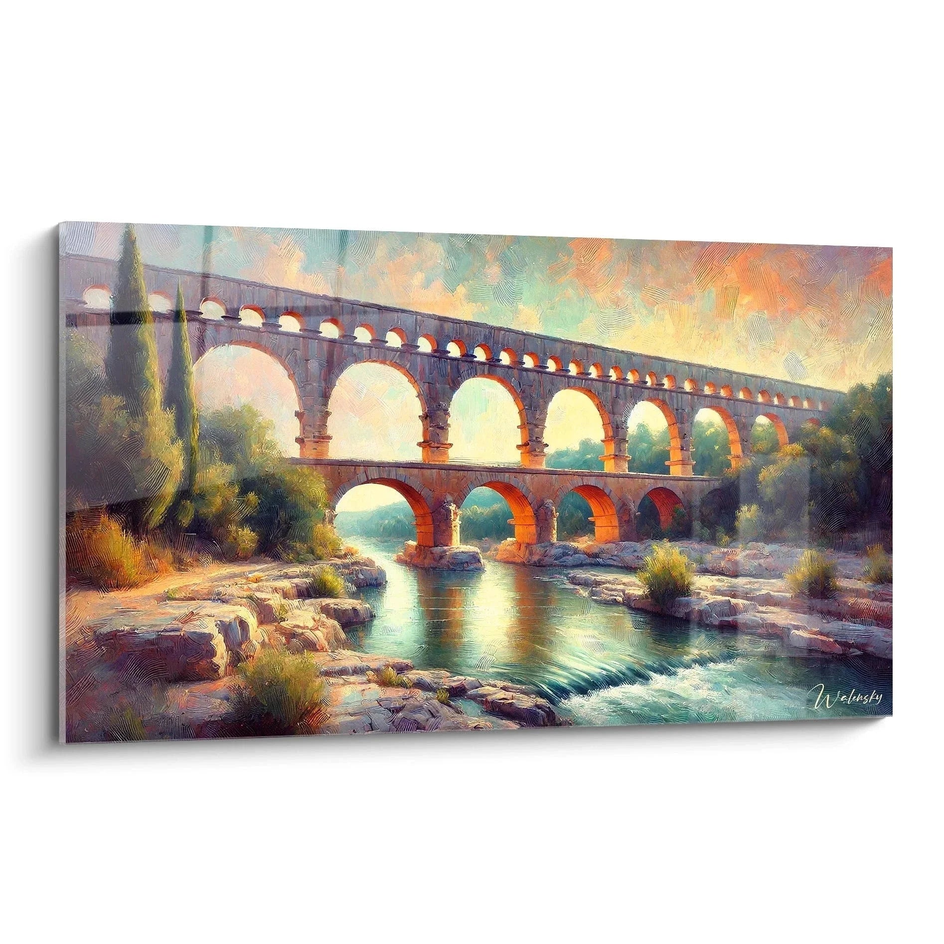 Wandbild Pont du Gard bei Sonnenuntergang - Römisches Aquädukt in Südfrankreich als Kunstdruck