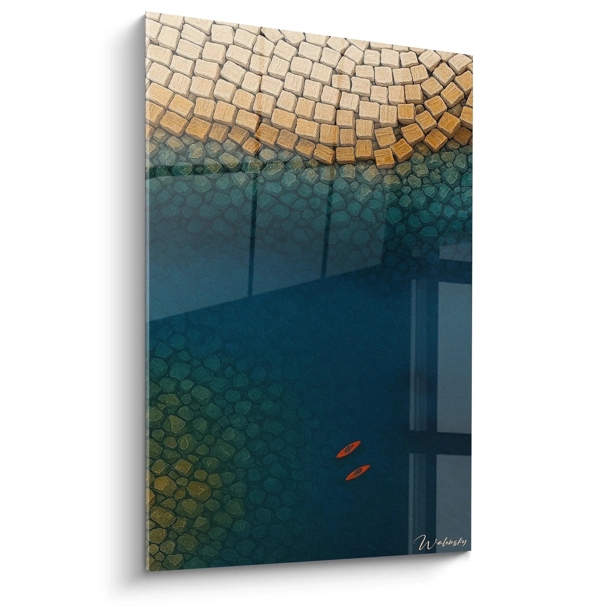 Wandbild Pool Luftaufnahme mit Mosaik-Rand und Goldfischen im blauen Wasser - Premium Kunstdruck XXL