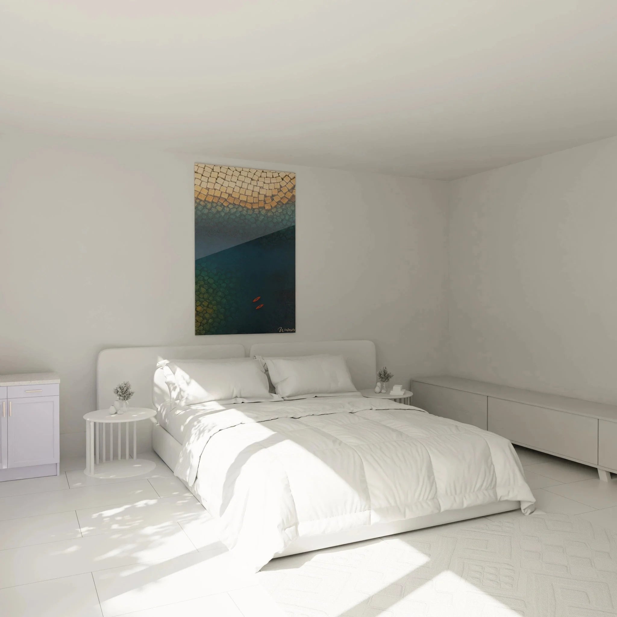 Wandbild Pool Mosaik-Design in modernem Schlafzimmer - elegante Wanddekoration Poolmotiv