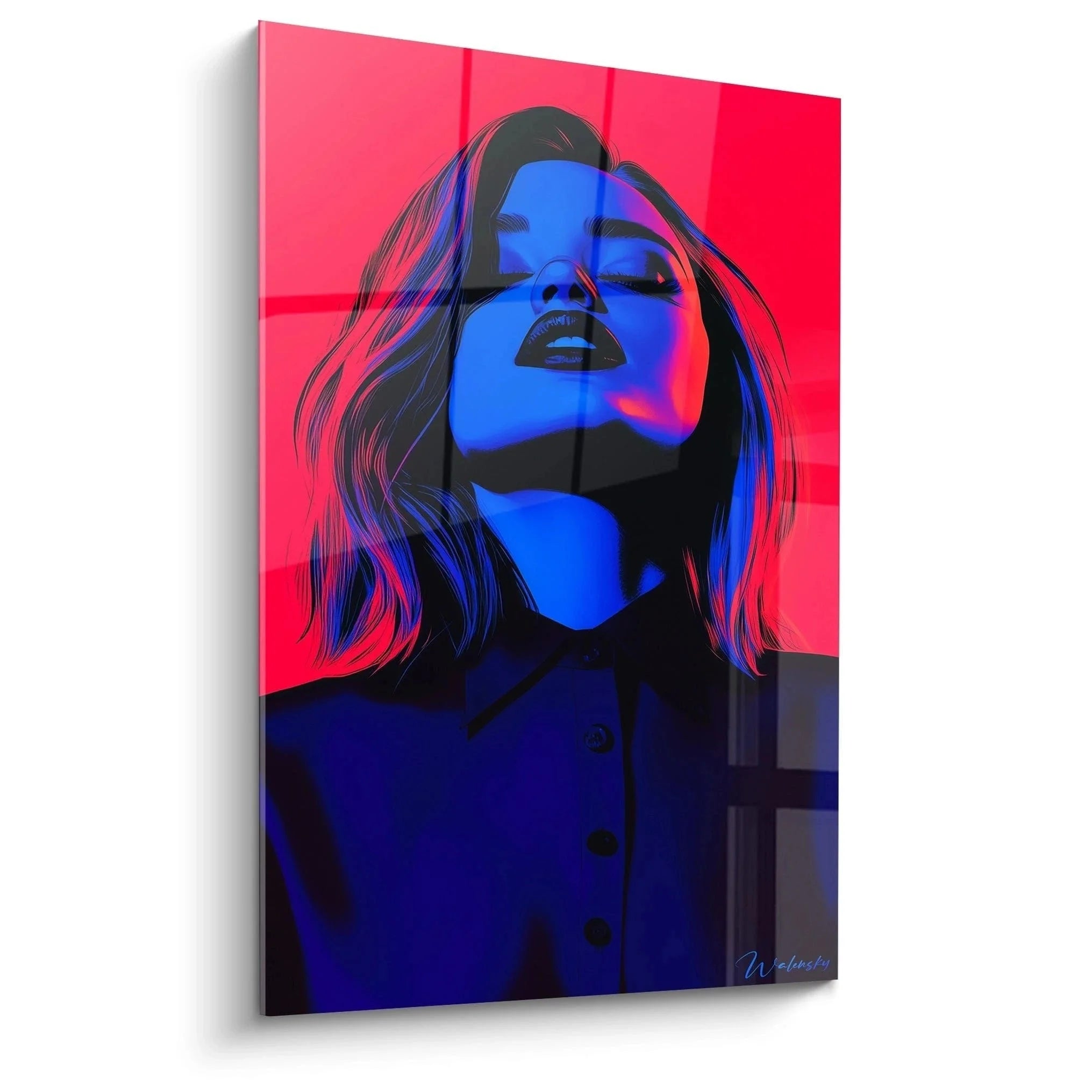 Wandbild Pop Art Frau in Blau mit rotem Hintergrund - Edition Jean-Baptiste Camille Corot