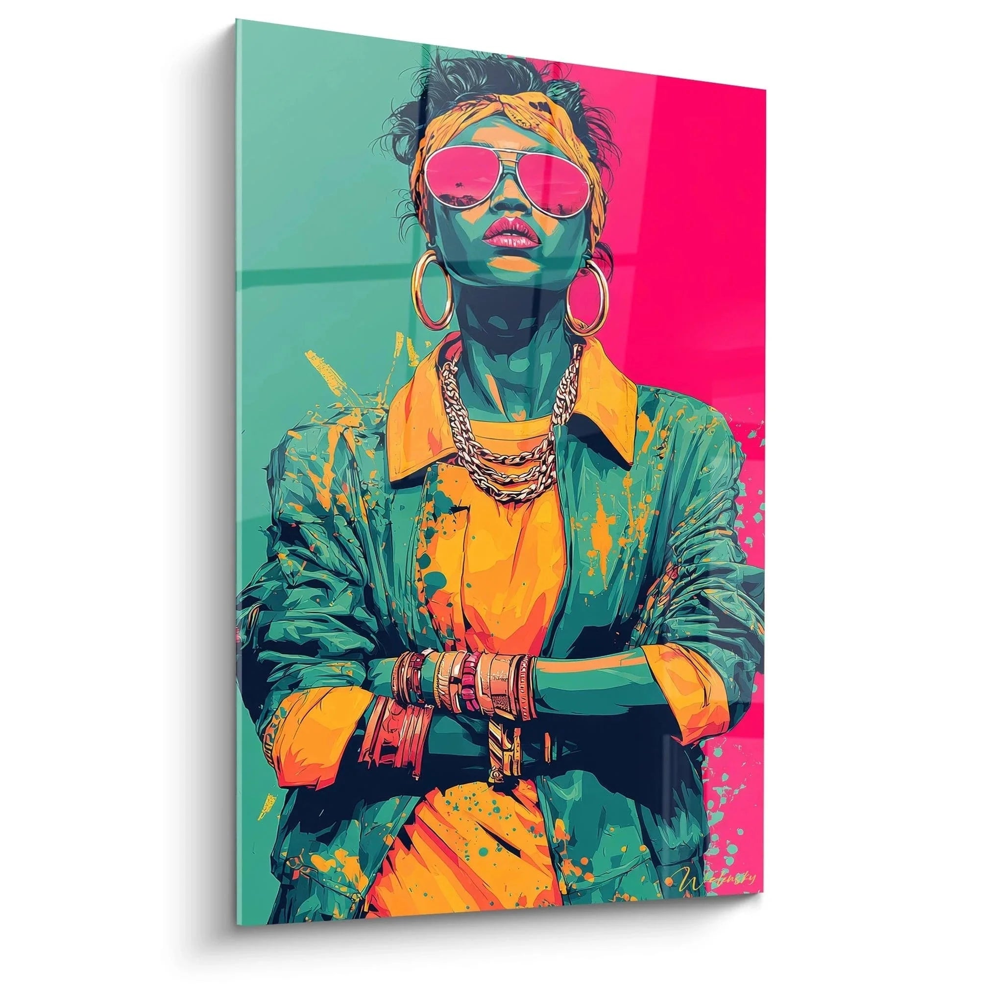 Wandbild Pop Art Frau mit Sonnenbrille im Neon Vintage Mode Stil türkis pink orange