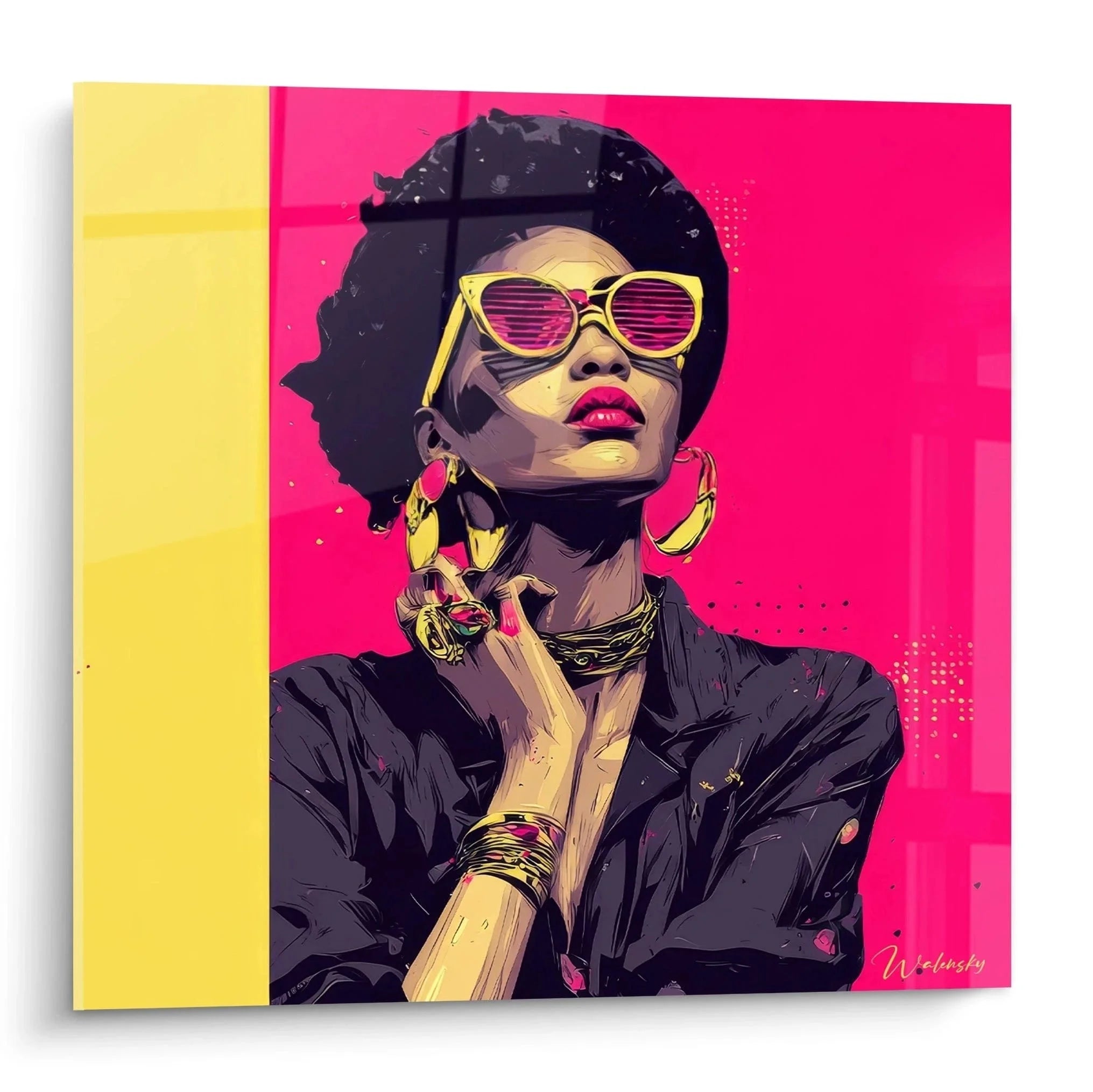 Wandbild Pop Art Portrait Frau mit gelber Sonnenbrille und Goldschmuck im Retro 80er Jahre Stil