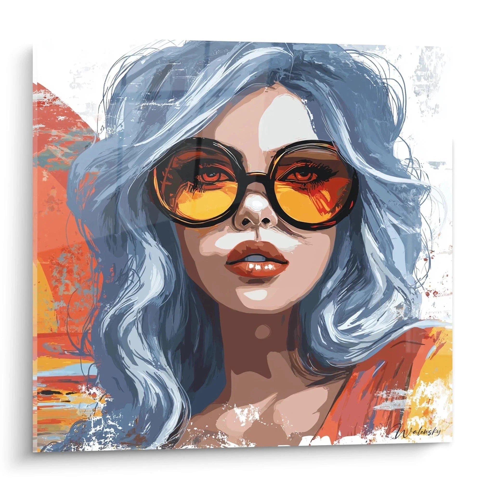 Wandbild Pop Art Frau mit Sonnenbrille, moderne Kunst in Orange und Blau, Edition Sommer XXL Leinwand
